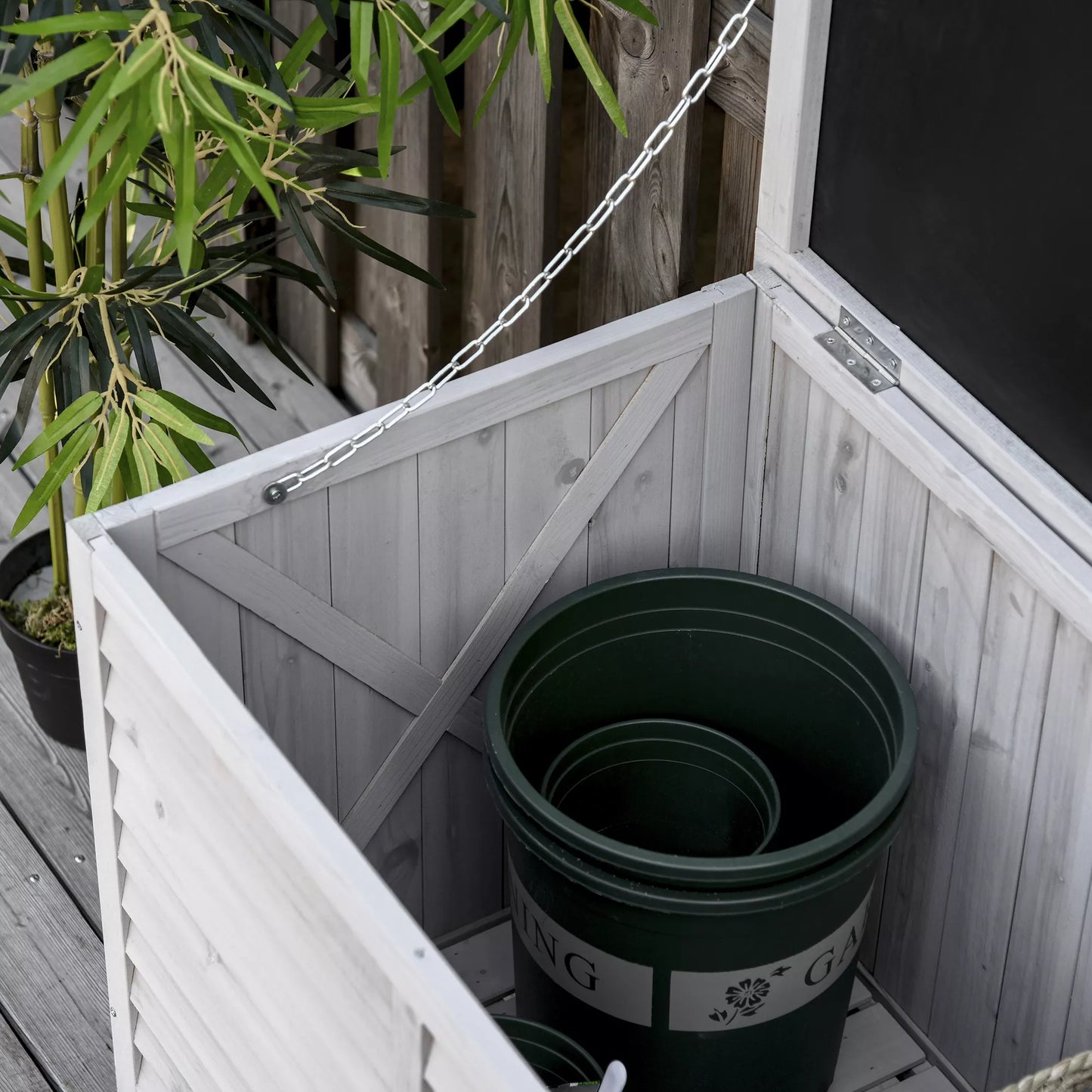 Sodo dėžė, atspari oro sąlygoms, pralaidi orui, dėžė pagalvėlėms, sandėliavimo dėžė, eglės mediena, pilka, 127 x 56 x 60 cm