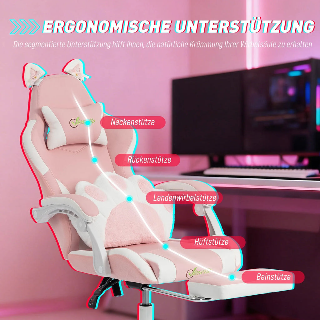 Gaming kėdė, rožinė, su kojų atrama, juosmens ir galvos atrama