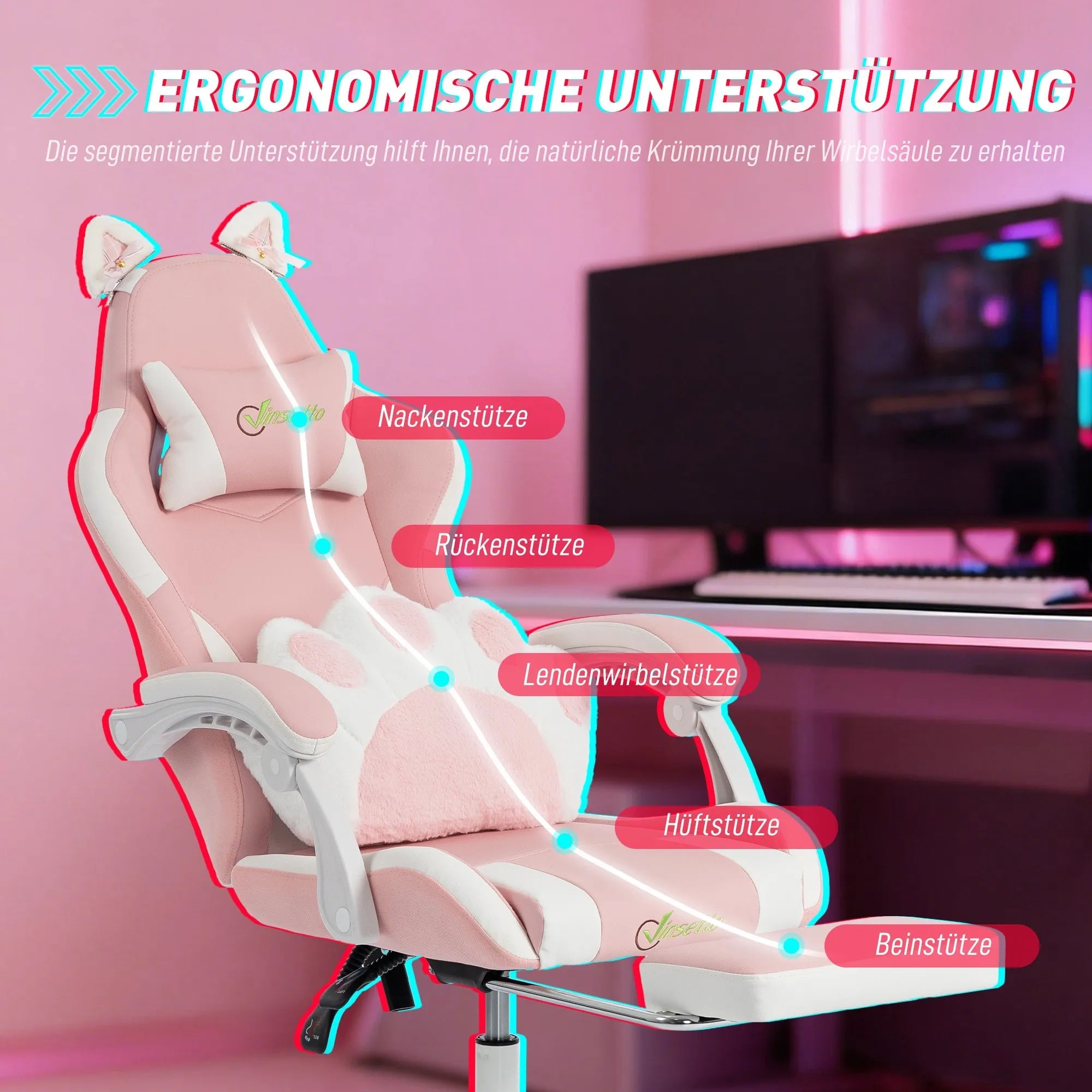 Gaming kėdė, rožinė, su kojų atrama, juosmens ir galvos atrama