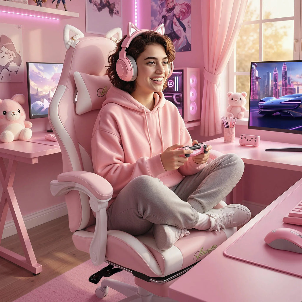 Gaming kėdė, rožinė, su kojų atrama, juosmens ir galvos atrama