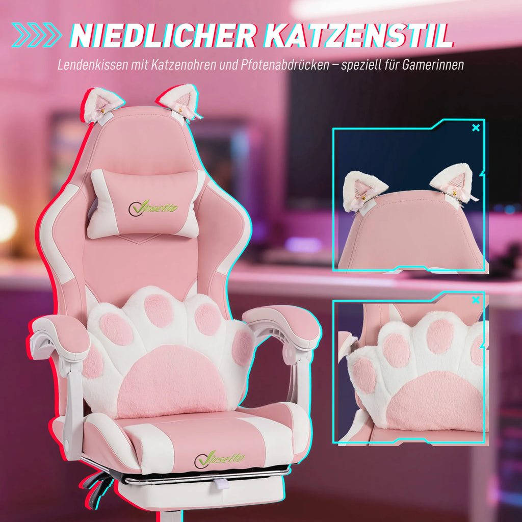 Gaming kėdė, rožinė, su kojų atrama, juosmens ir galvos atrama