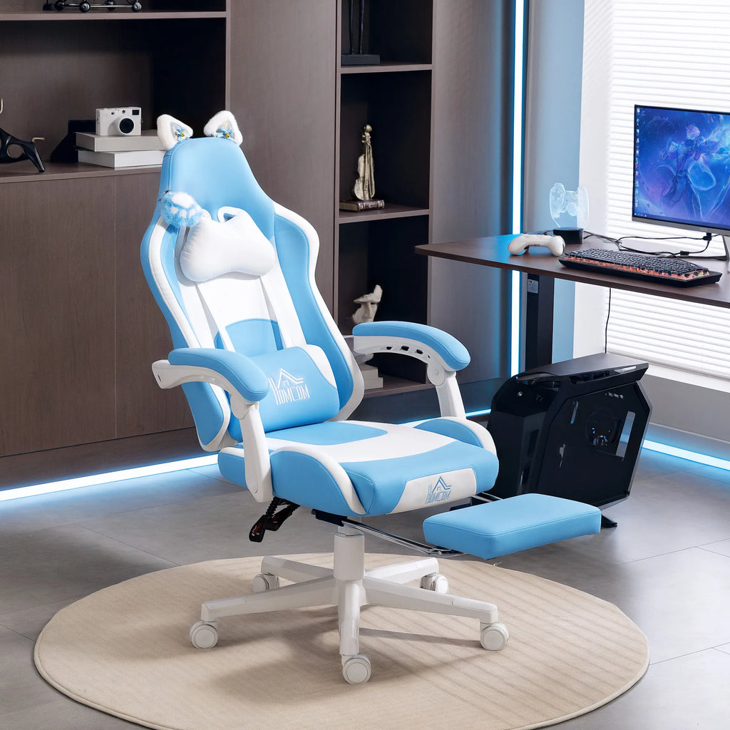 Gaming kėdė su katės ausimis, reguliuojama, su kojų atrama, iki 120 kg, žydra