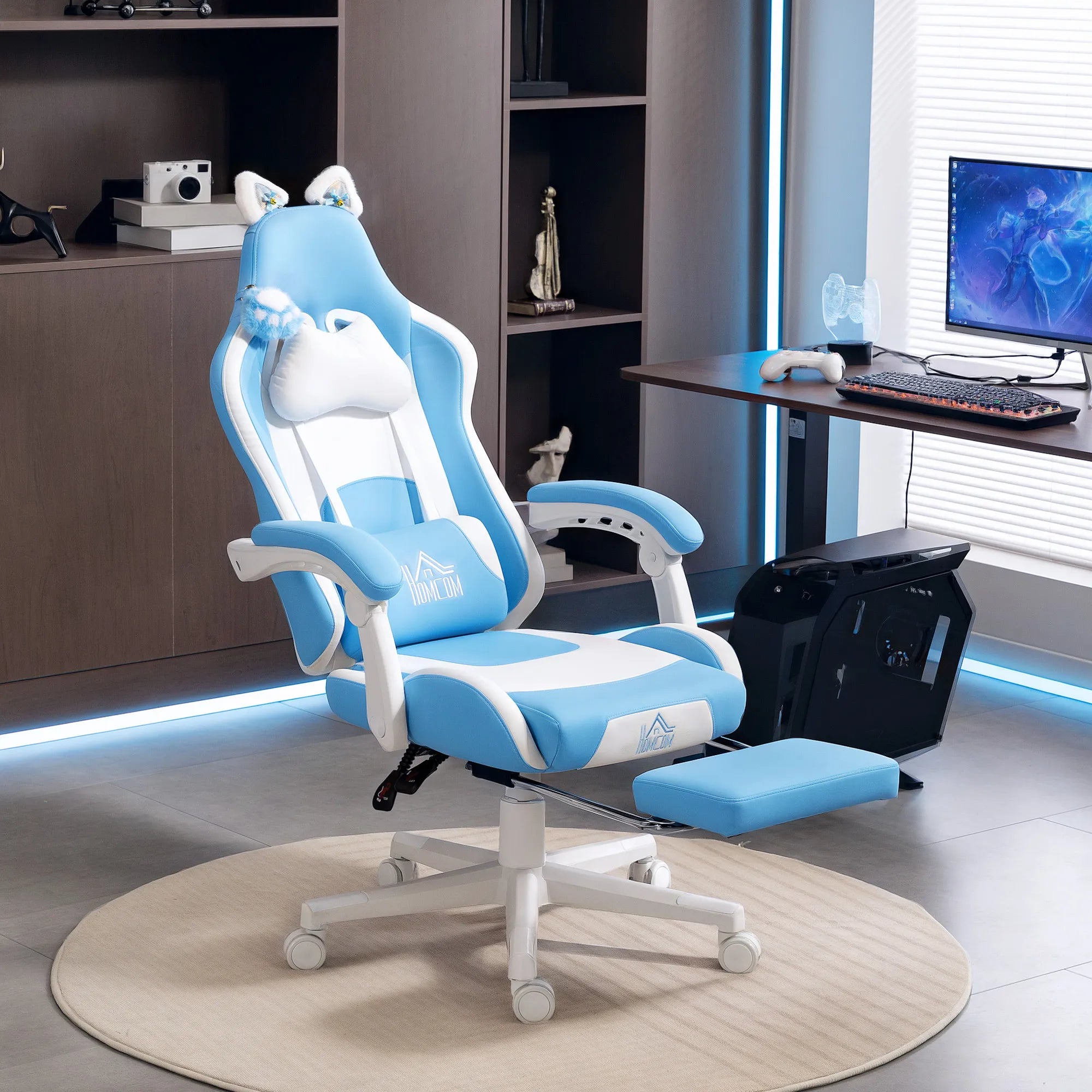 Gaming kėdė su katės ausimis, reguliuojama, su kojų atrama, iki 120 kg, žydra