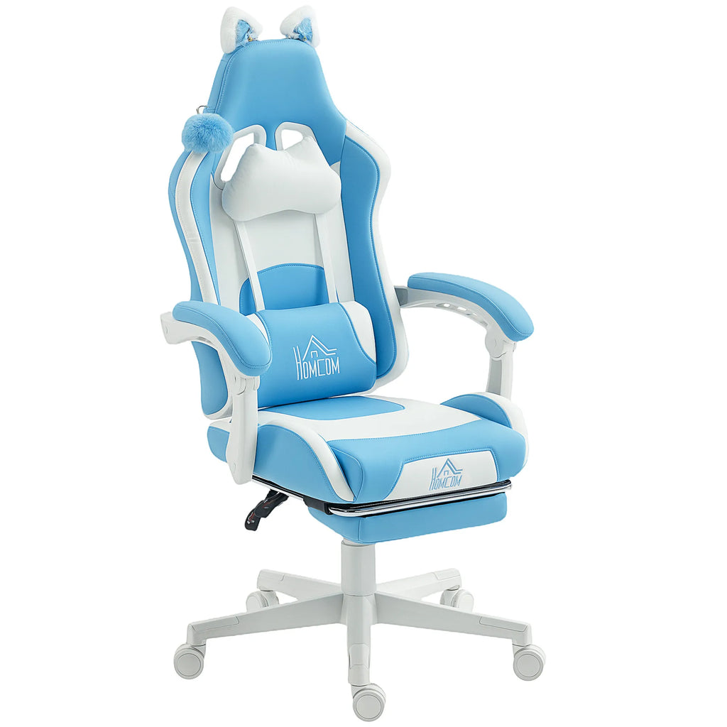 Gaming kėdė su katės ausimis, reguliuojama, su kojų atrama, iki 120 kg, žydra