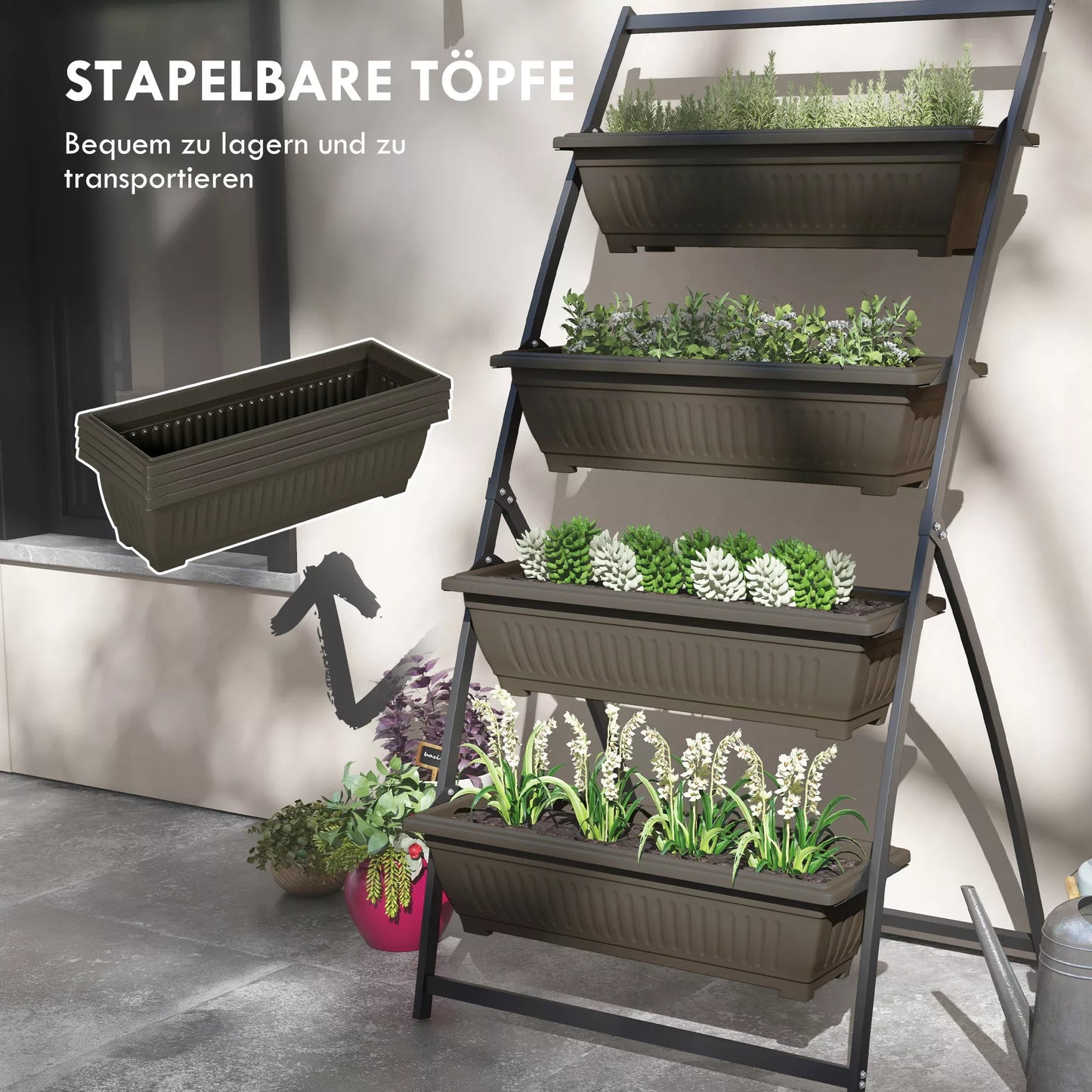Augalų laiptai Gėlių laiptai Augalų lentynos, sukraunamos, atsparios atmosferos poveikiui, 76 cm x 79 cm x 162 cm, rudos spalvos