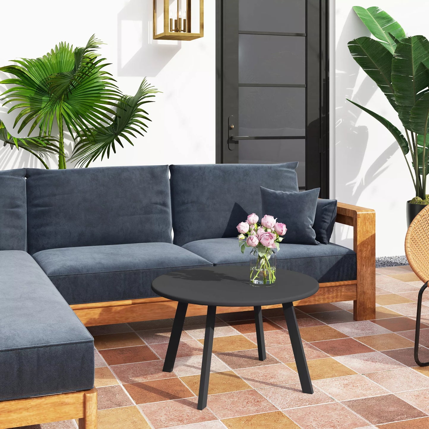 Pagalbinis stalas Balkono stalas iš metalo Apvalus kavos stalas Atsparus atmosferos poveikiui Sodo stalas Ø70 x 42H cm Juodas