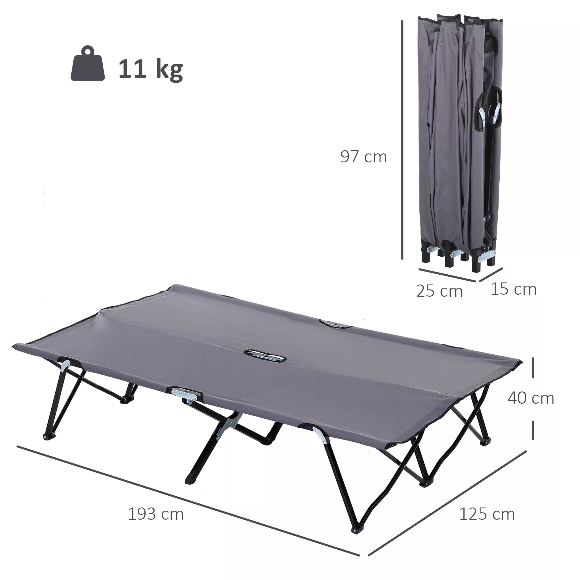 Kempingo gultas, kempingo lova iki 2 asmenų, 193L x 125B x 40H cm, pilkos spalvos