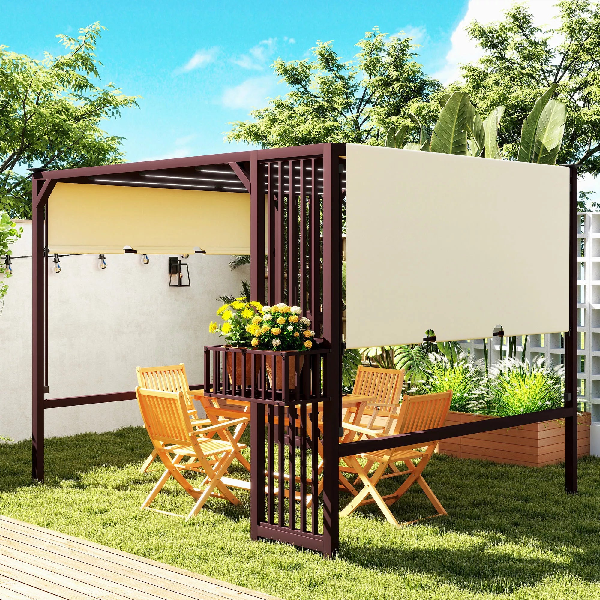 Pergola paviljonas 3x2,5 m UV 30+Stabilus, atsparus žiemos sąlygoms, su reguliuojamu stumdomu stogu, tamsiai rudos spalvos