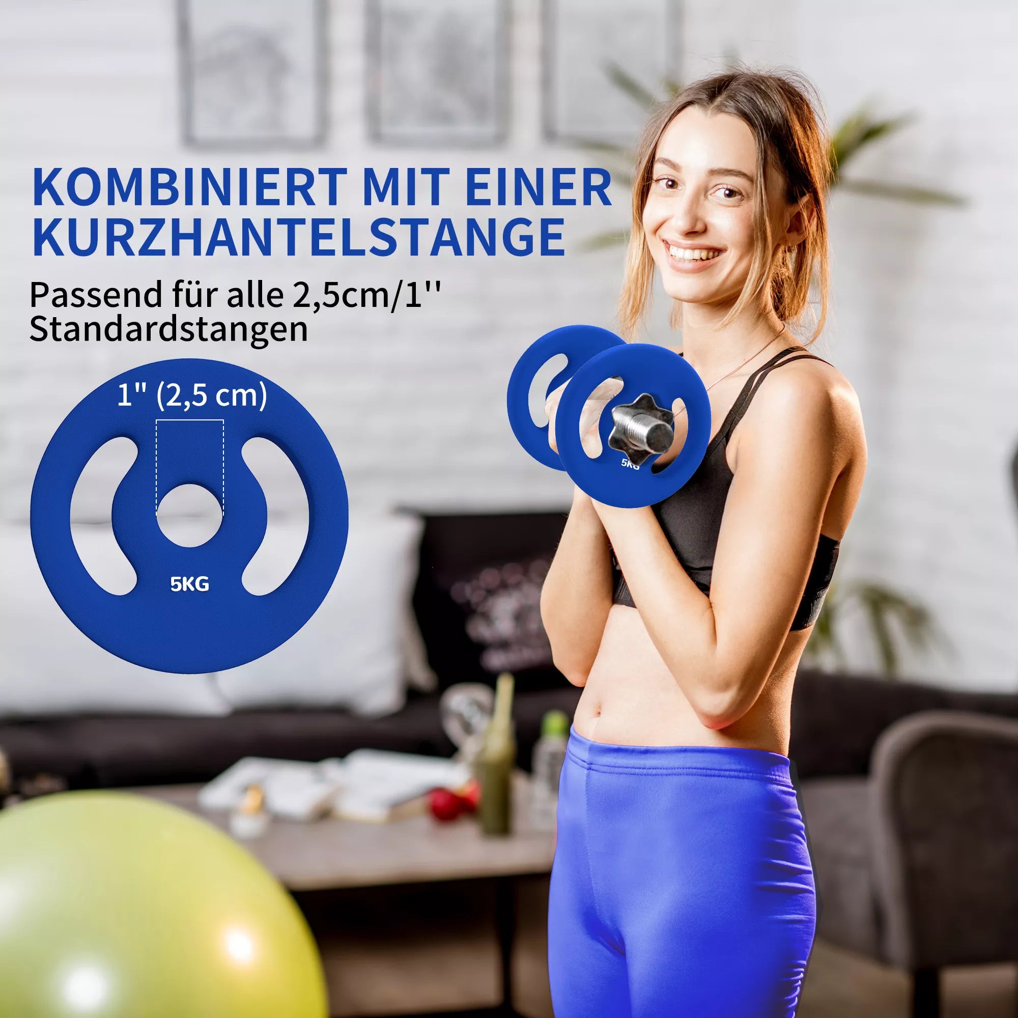 2 x 5 kg svarmenų plokštės su praktiškomis rankenomis, svarmenų rinkinys namų salei, sporto salei, jėgos treniruotėms, mėlynos
