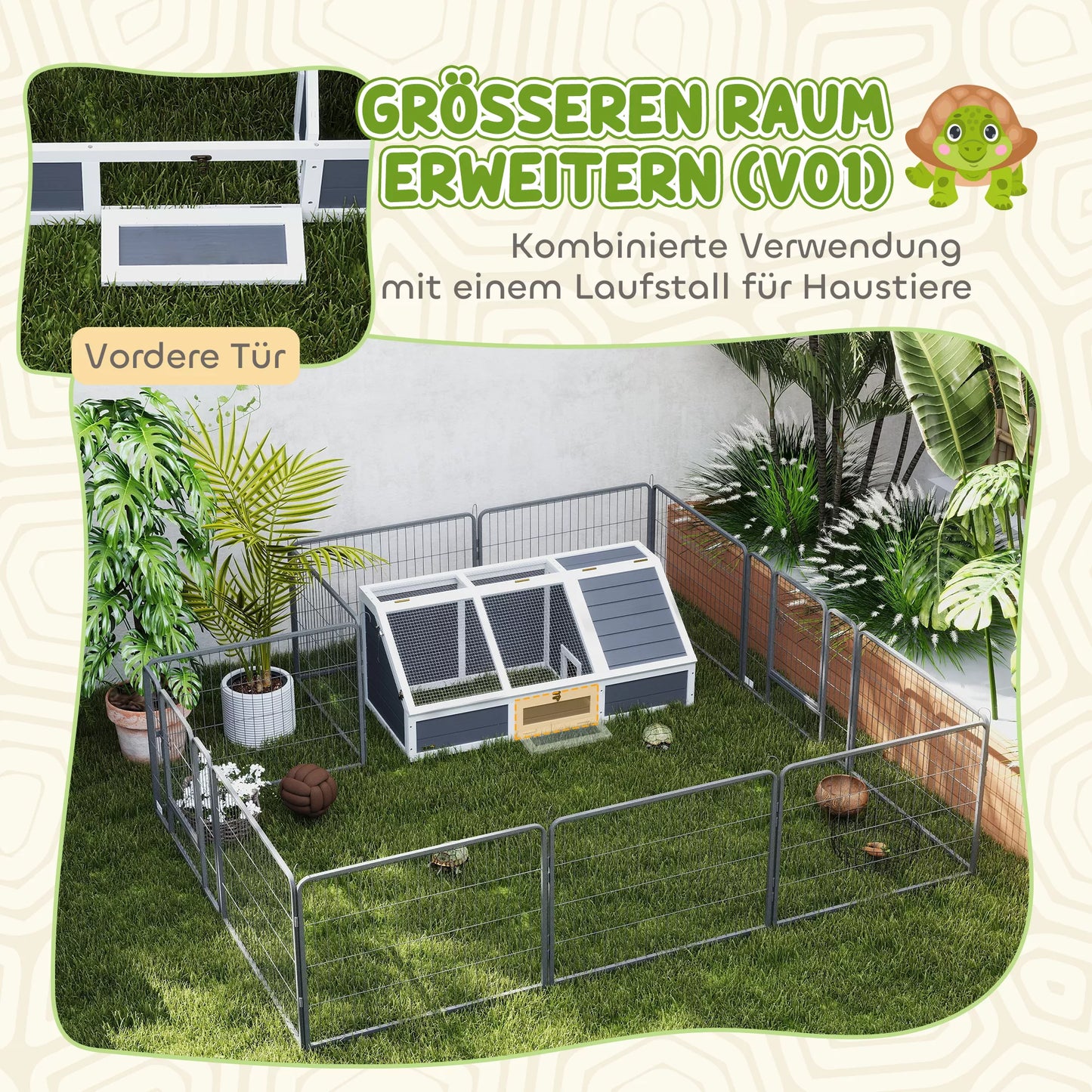 Lauko vėžliukų aptvaras, be dugno dizainas, lengvai atidaromas, vėžliukų namelis, šviesiai pilkas