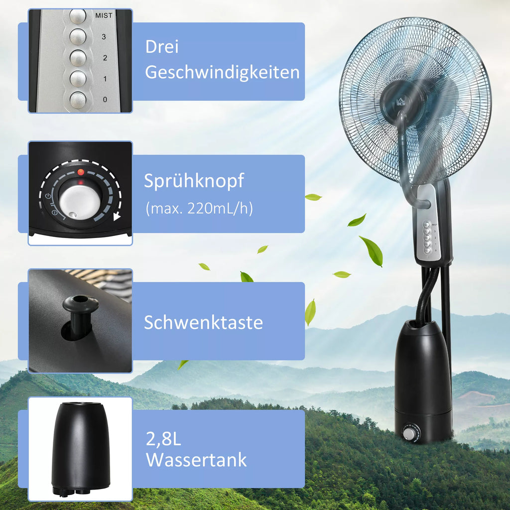 Ventiliatorius su vandens aušinimu, stovinis ventiliatorius su reguliuojamu purškimo rūku, 3 greičiai, 2,8 l vandens bakas, 70° osciliavimas, 90 W Vandens ventiliatorius su ratukais, 120 cm