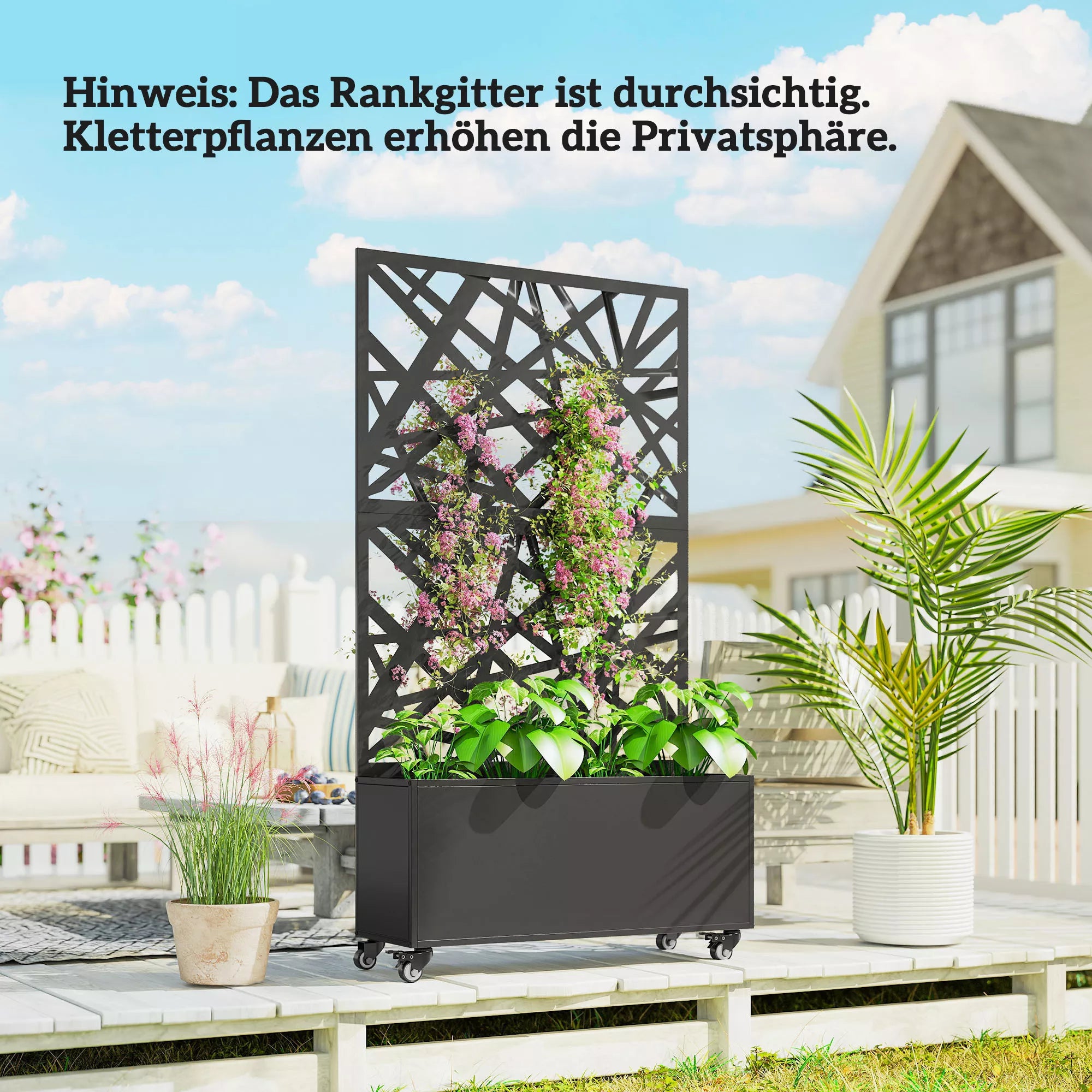 Gėlių dėžė su apsauga nuo žvilgsnių Augalų dėžė su ritininiu grotelėmis 90 x 30 x 160 cm Metalo Juoda