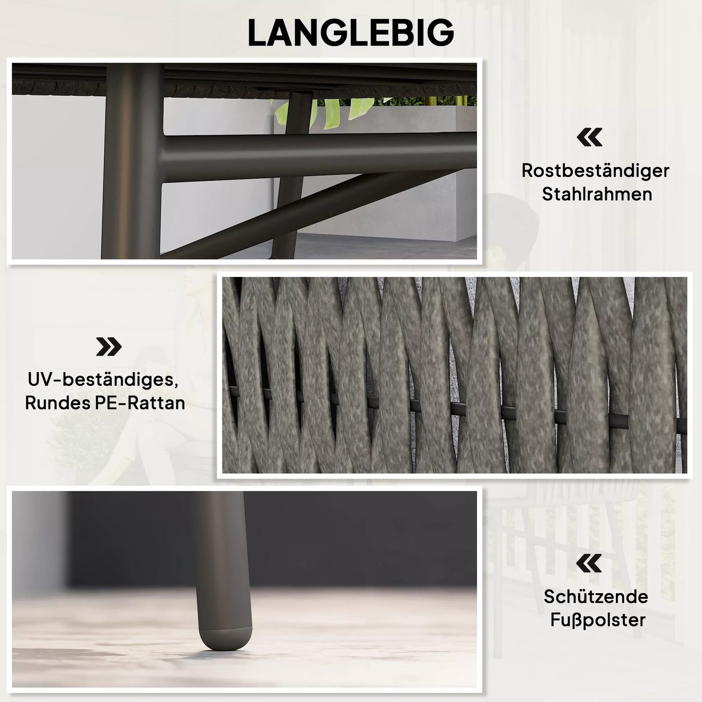 3 dalių lauko baldų komplektas, 2 kėdės, 1 stalas, bistro komplektas, sintetinio rotango, plieninis rėmas, metalinis stalas, 4 pagalvėlės, pilkos spalvos