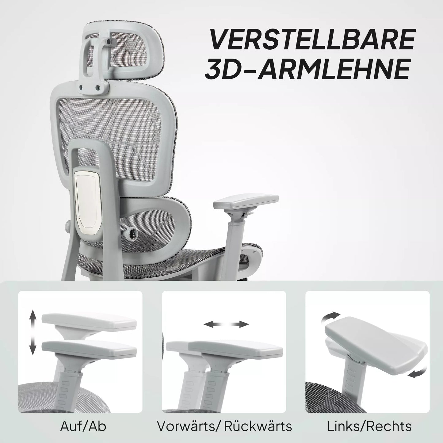 Ergonomiška biuro kėdė su tinklinio audinio apmušalu, reguliuojama, su ratukais, porankiais, galvos atrama, pilka