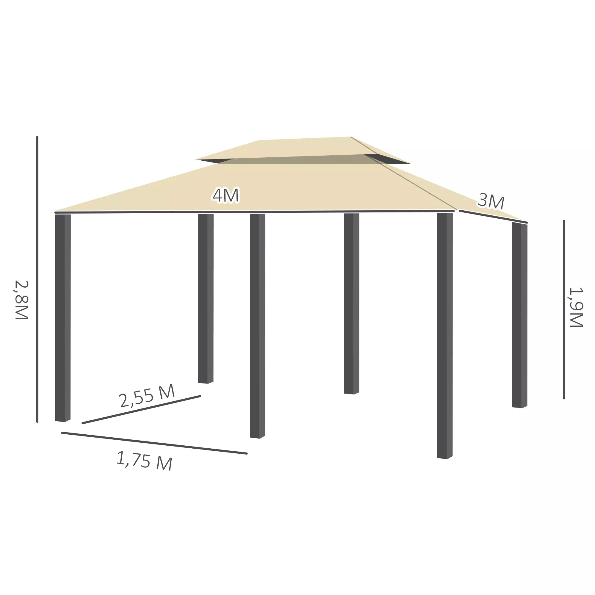 Sodo paviljono matmenų schema centimetrais ir metrais