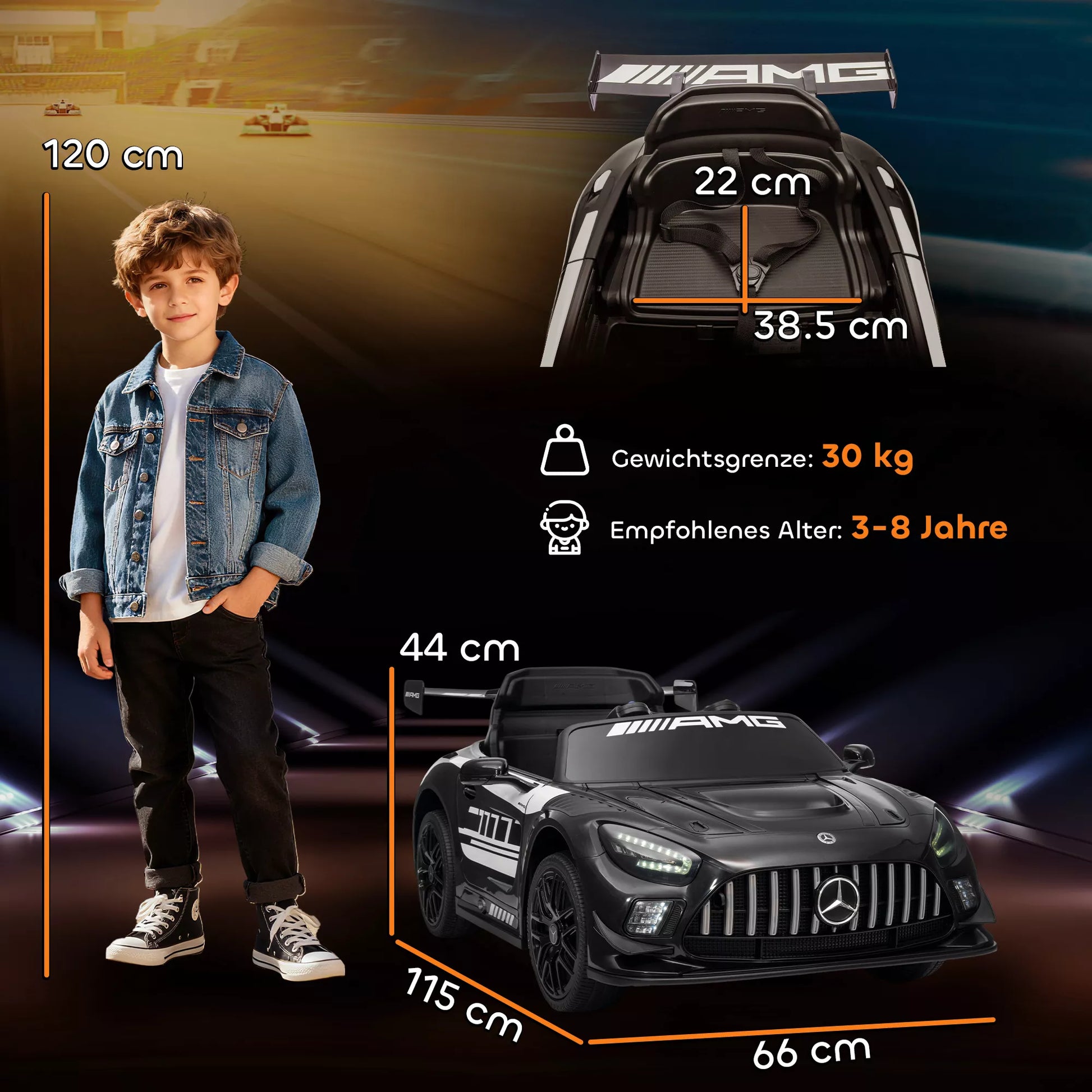 Mercedes elektrinis automobilis vaikams, 12V baterija, LED žibintai, muzikos funkcija, garso signalas, 3-8 metai, juodas