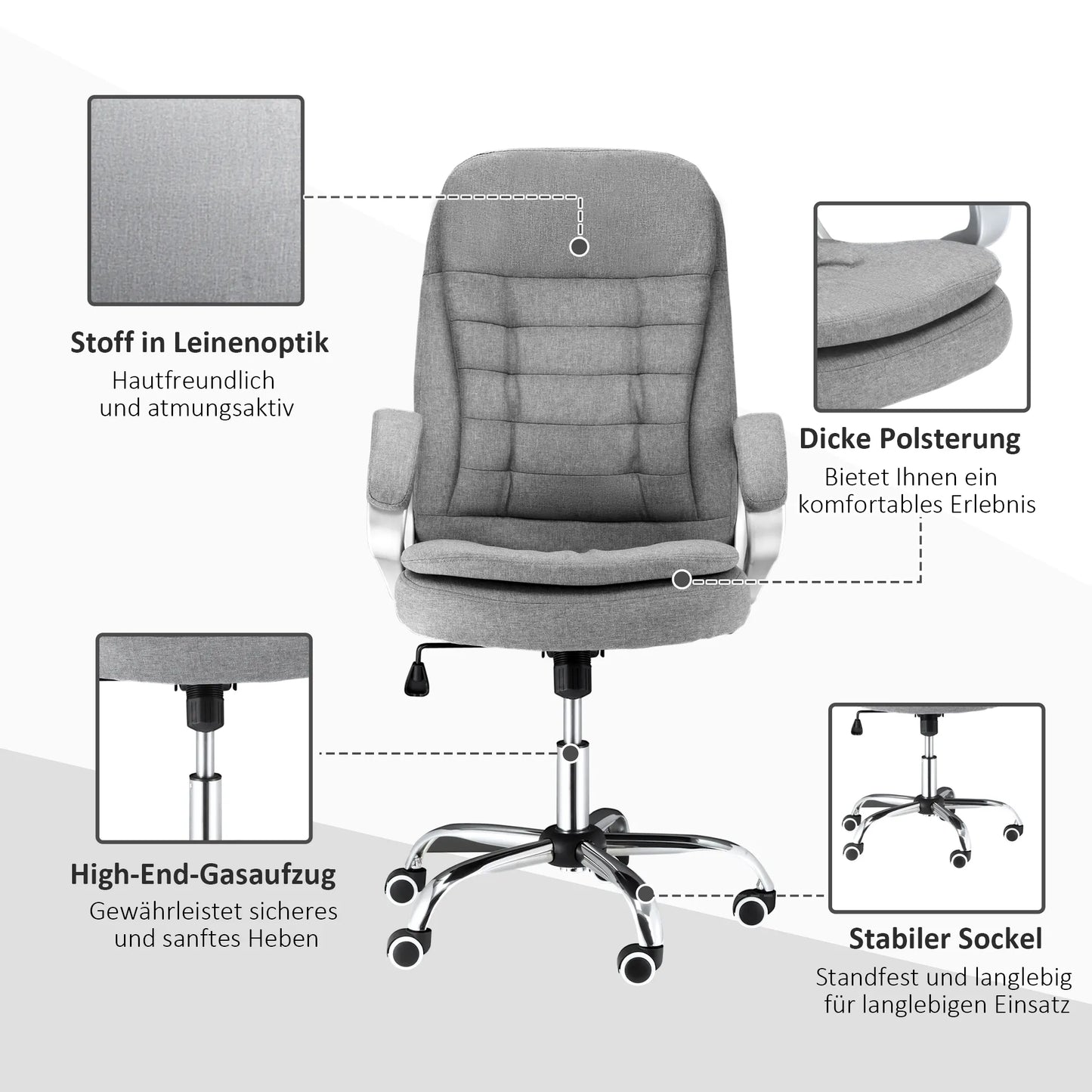 Biuro kėdė Darbo kėdė Rašomojo stalo kėdė Sukama kėdė 360° Ergonomiška svyravimo funkcija Reguliuojamas aukštis Pilkas linas 64 x 75 x 111-121 cm