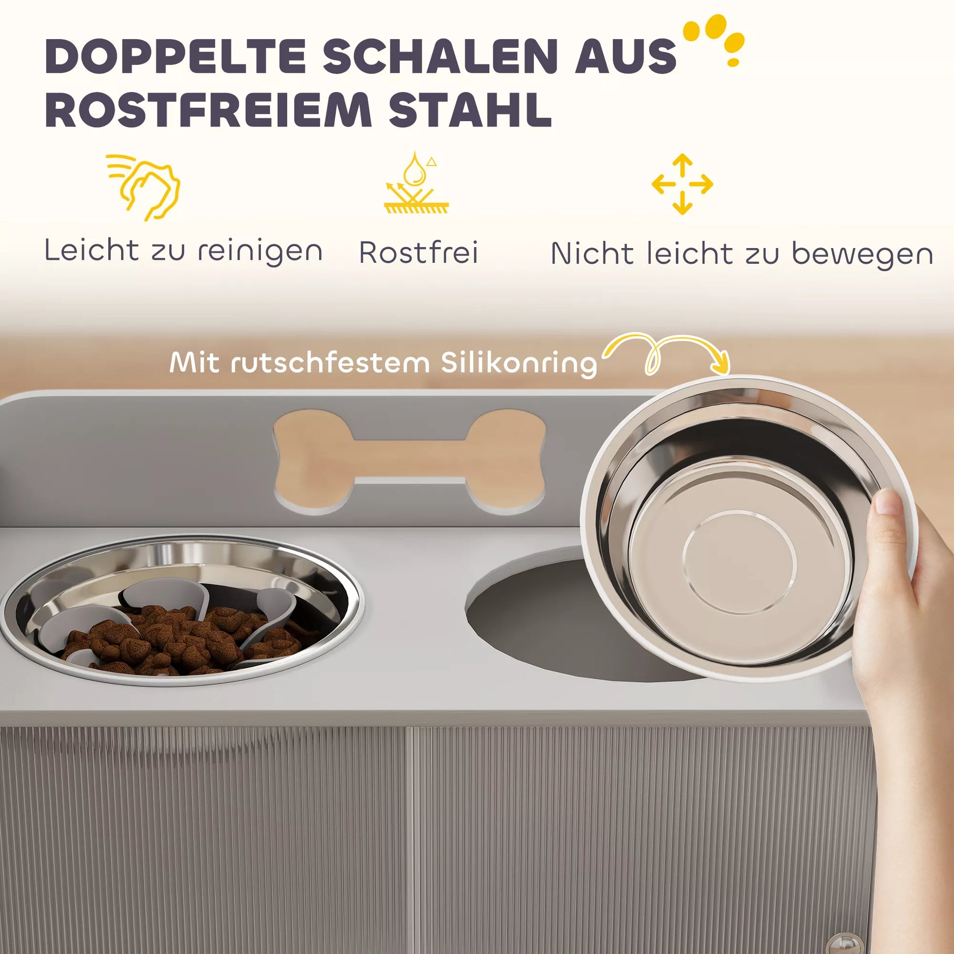 Pakelta pašarų stotelė su 2 dubenėliais ir spintele, MDF, nerūdijantis plienas, kaulų raštas, pilka