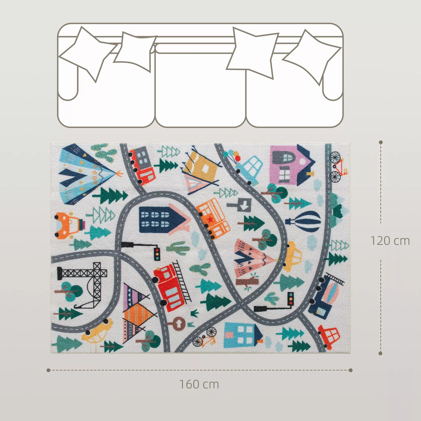 Kilimas su automagistralės raštu, baltas fonas, minkštas flisas, lengvai prižiūrimas, spalvingas