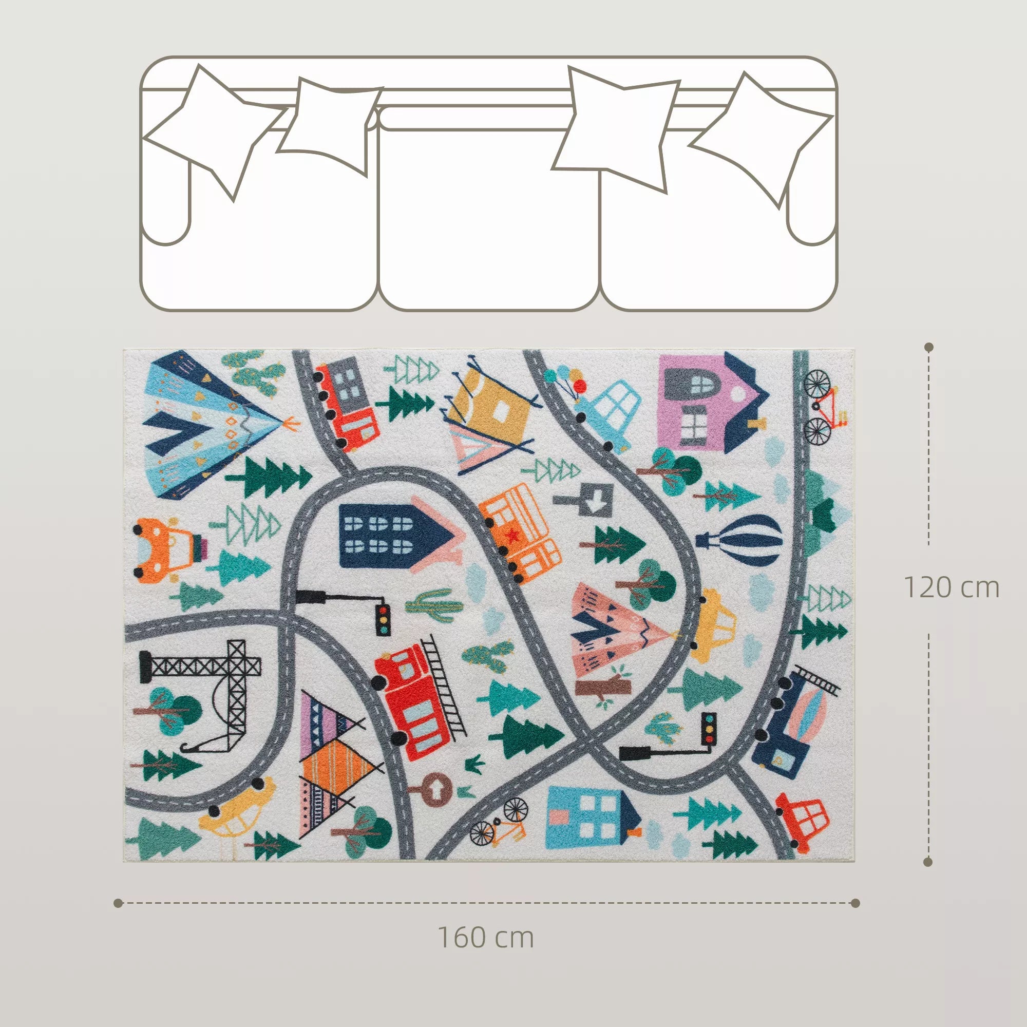 Kilimas su greitkelio raštu, baltas fonas, minkštas flisas, lengvai prižiūrimas, spalvotas