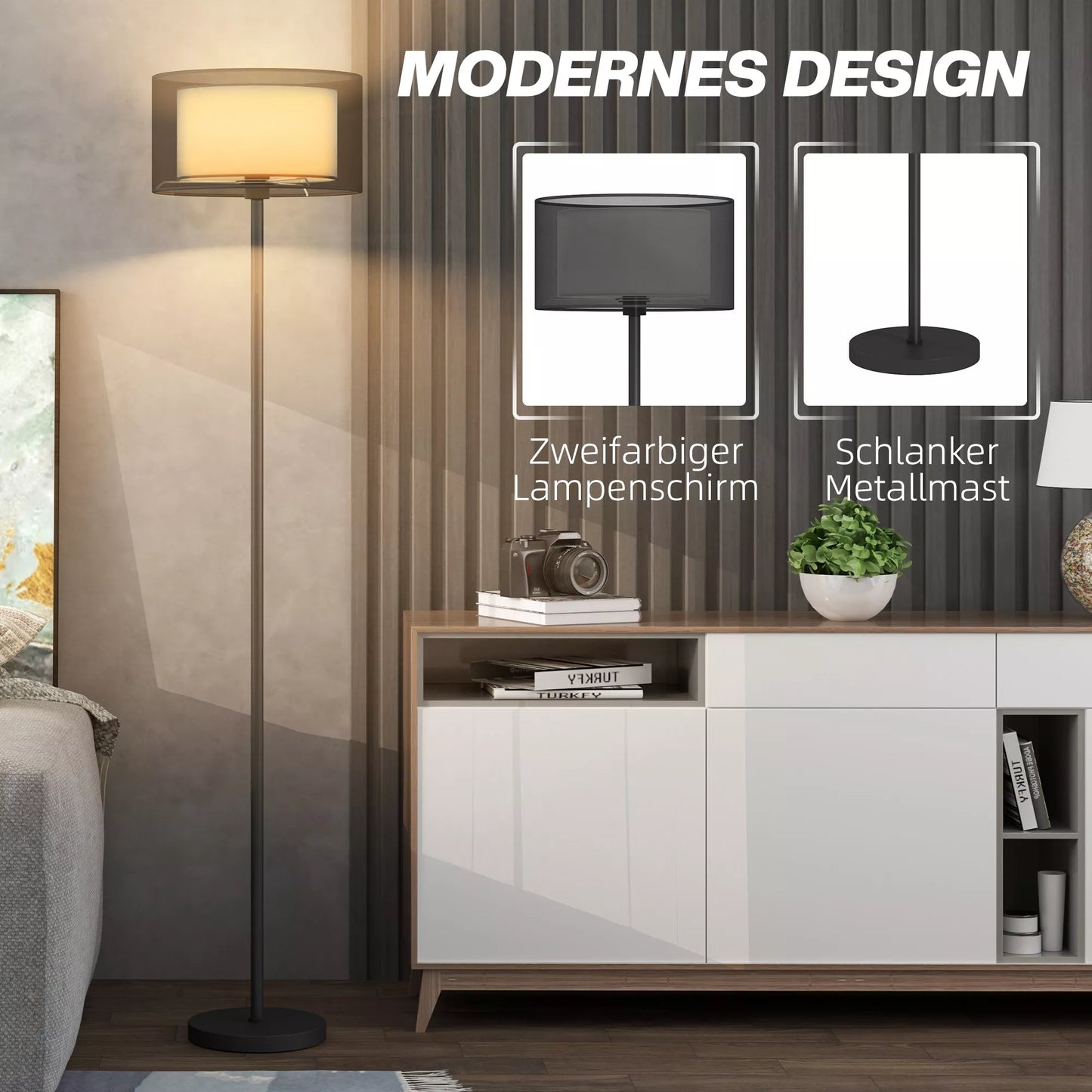 Stovinti lempa, dviejų spalvų gaubtas, kojinis jungiklis, metalas, juoda