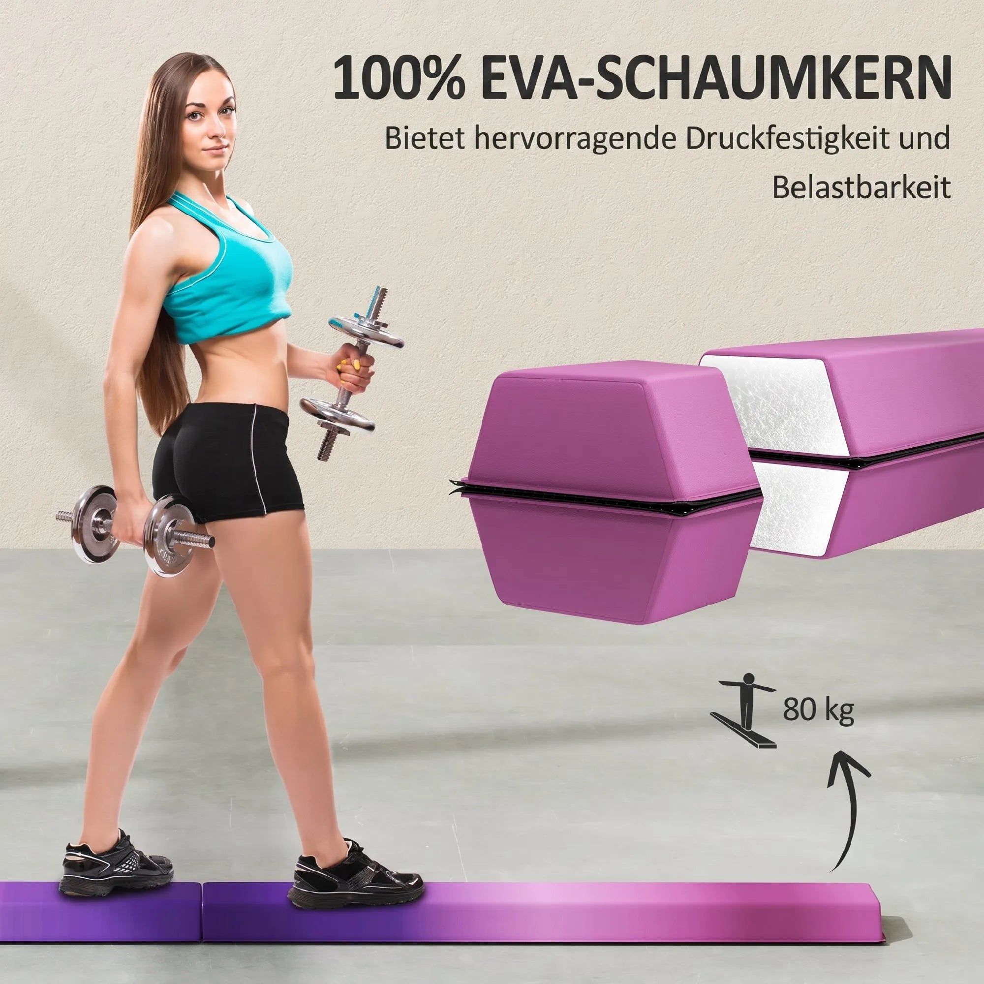 Gimnastikos buomas sulankstomas 236 cm, vaikams nuo 3 metų, violetinis/rožinis