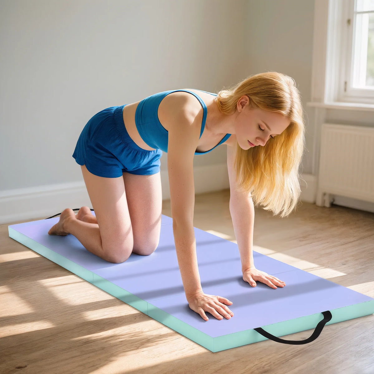 Gimnastikos kilimėlis lankstomas, 180 x 60 x 5 cm, žalia-violetinė