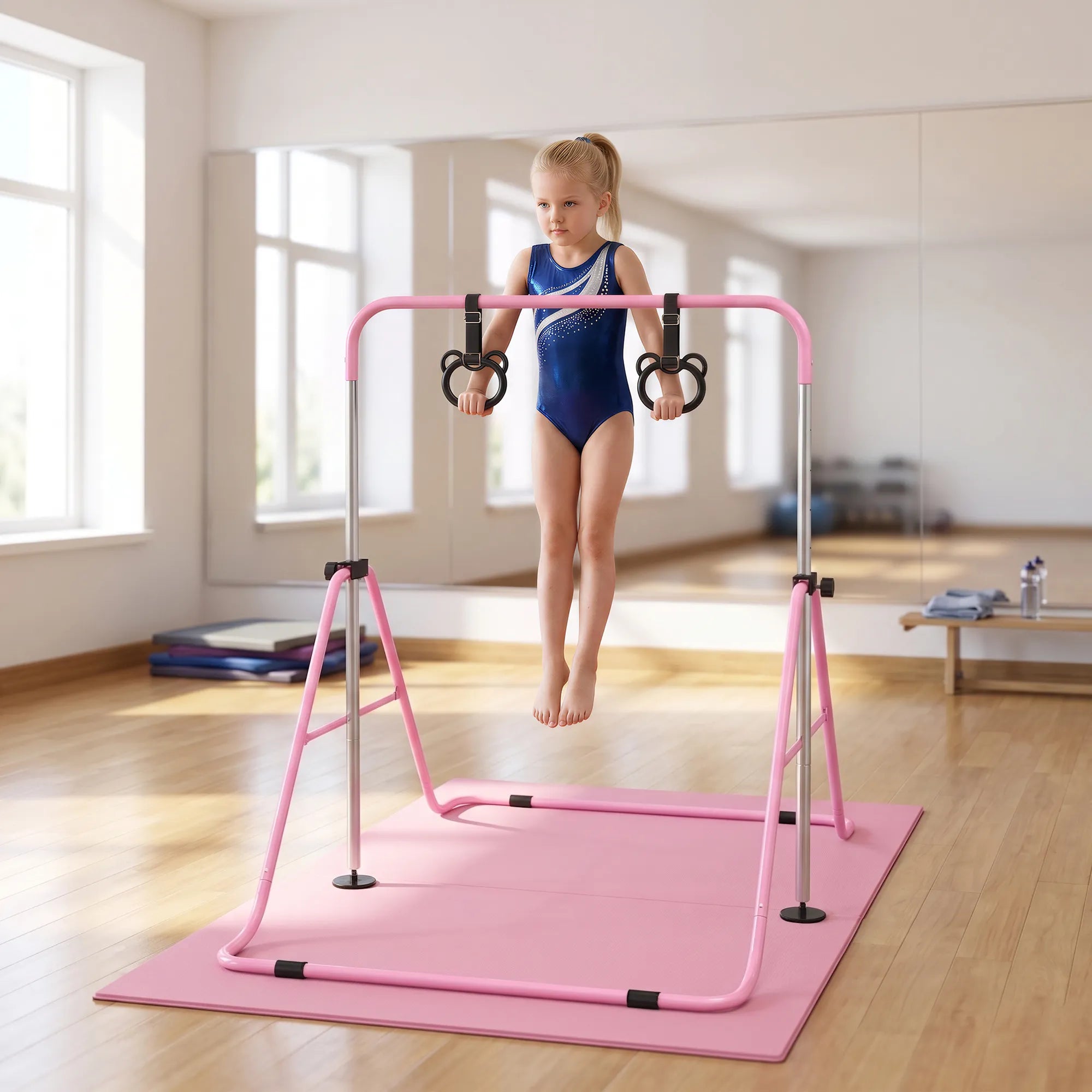 Gimnastikos skersinis vaikams nuo 3 metų, reguliuojamas, sulankstomas, rožinis