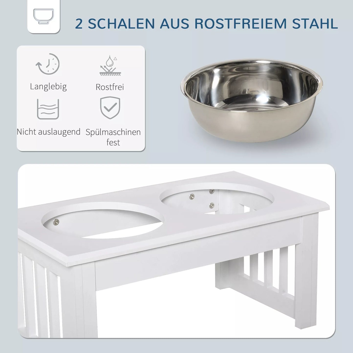 Šunų maisto stotelė, neslystanti, 44 x 24 x 15 cm, Balta, 0,9 L vienam dubenėliui