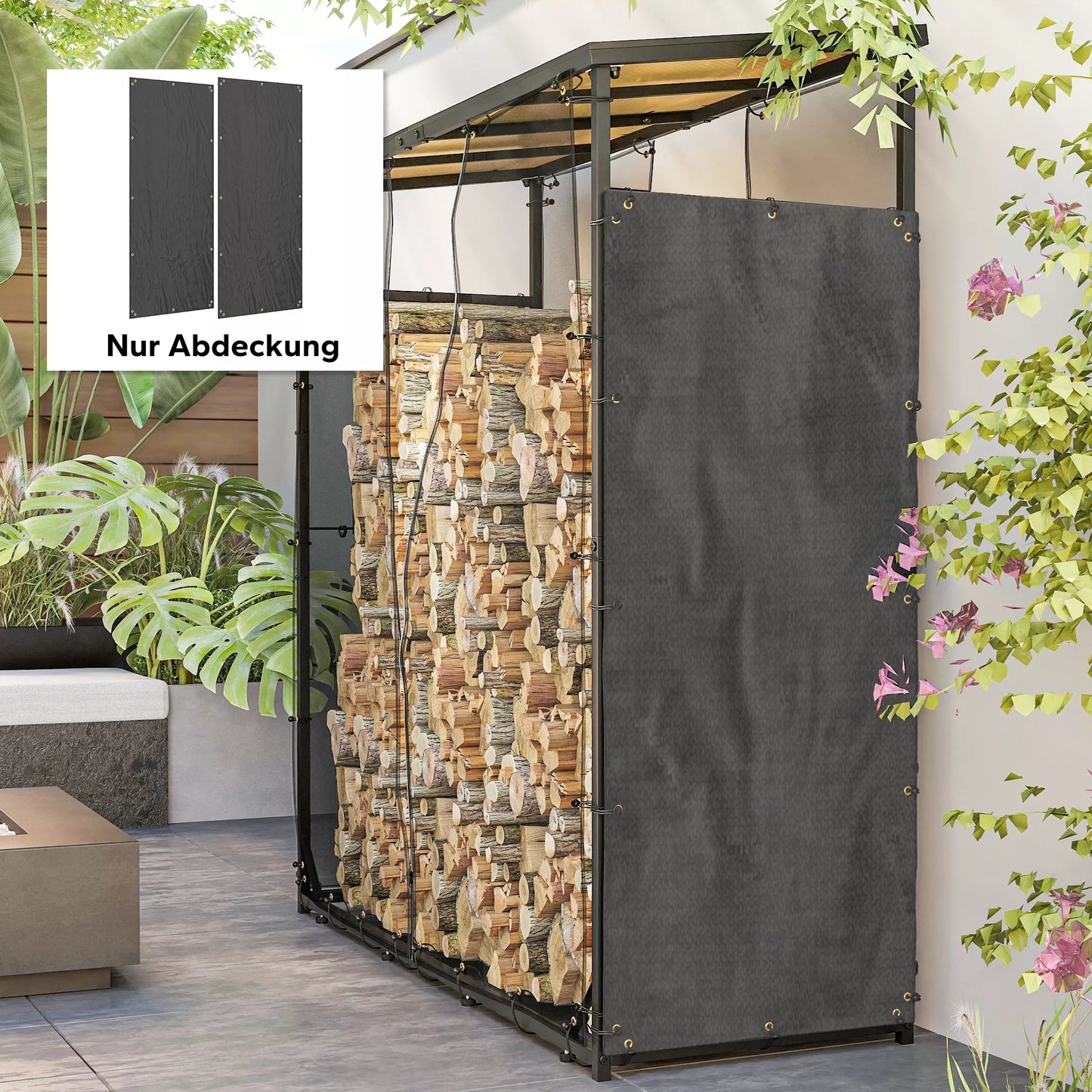 Dangtis malkų lentynai, 2 vnt. komplektas, atsparus oro sąlygoms ir dulkėms, 148 x 62 cm, juodas