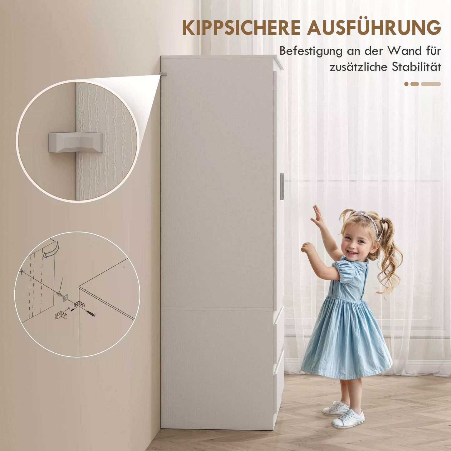 Miegamojo drabužinė su 2 durimis, 2 stalčiais, 3 skyreliais, mediena, balta