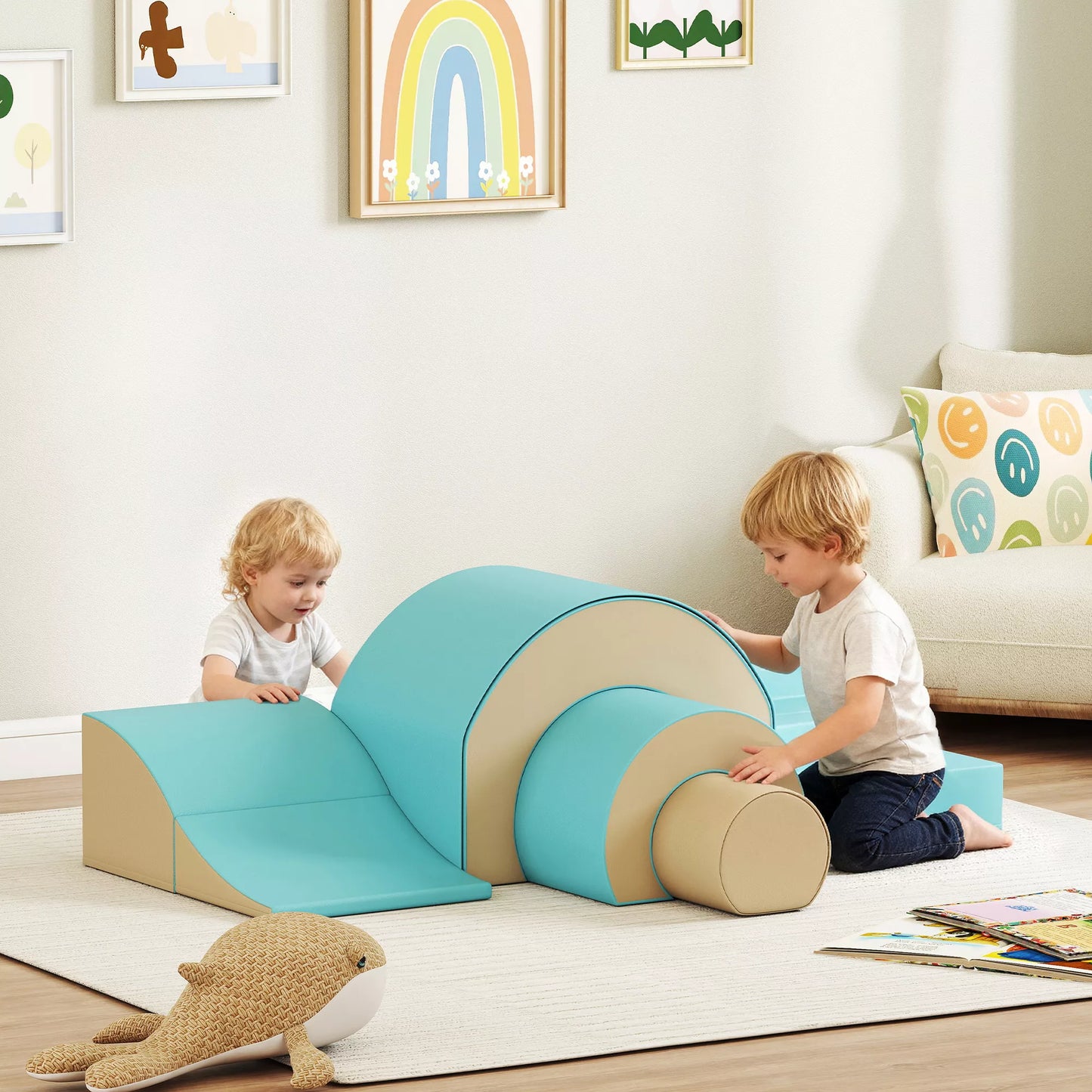 5 dalių minkštų blokelių rinkinys kūdikiams ir mažiems vaikams, putplastis, dirbtinė oda, 5 kūrybinės formos, vidaus rinkinys laipiojimui, ropojimui, žaidimams, žalias