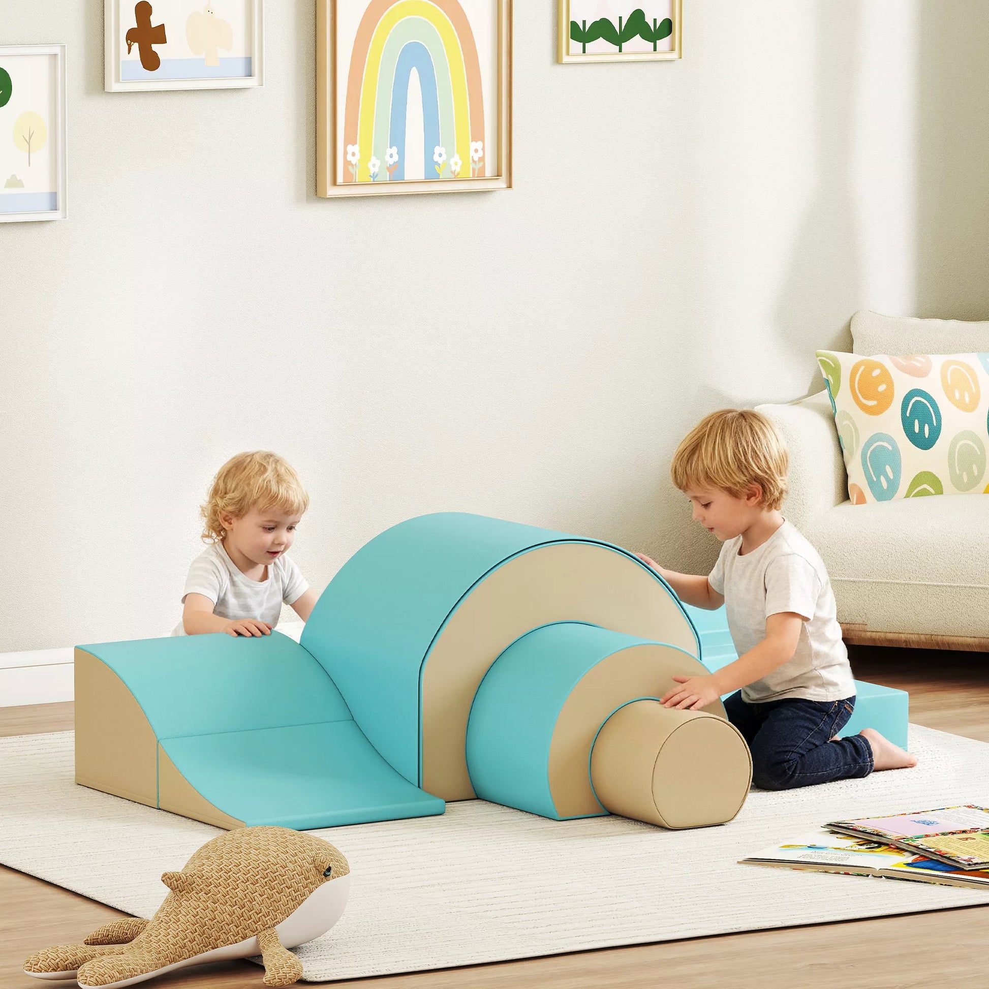 5 dalių minkštų blokelių rinkinys kūdikiams ir mažiems vaikams, putplastis, dirbtinė oda, 5 kūrybinės formos, vidaus rinkinys laipiojimui, ropojimui, žaidimams, žalias