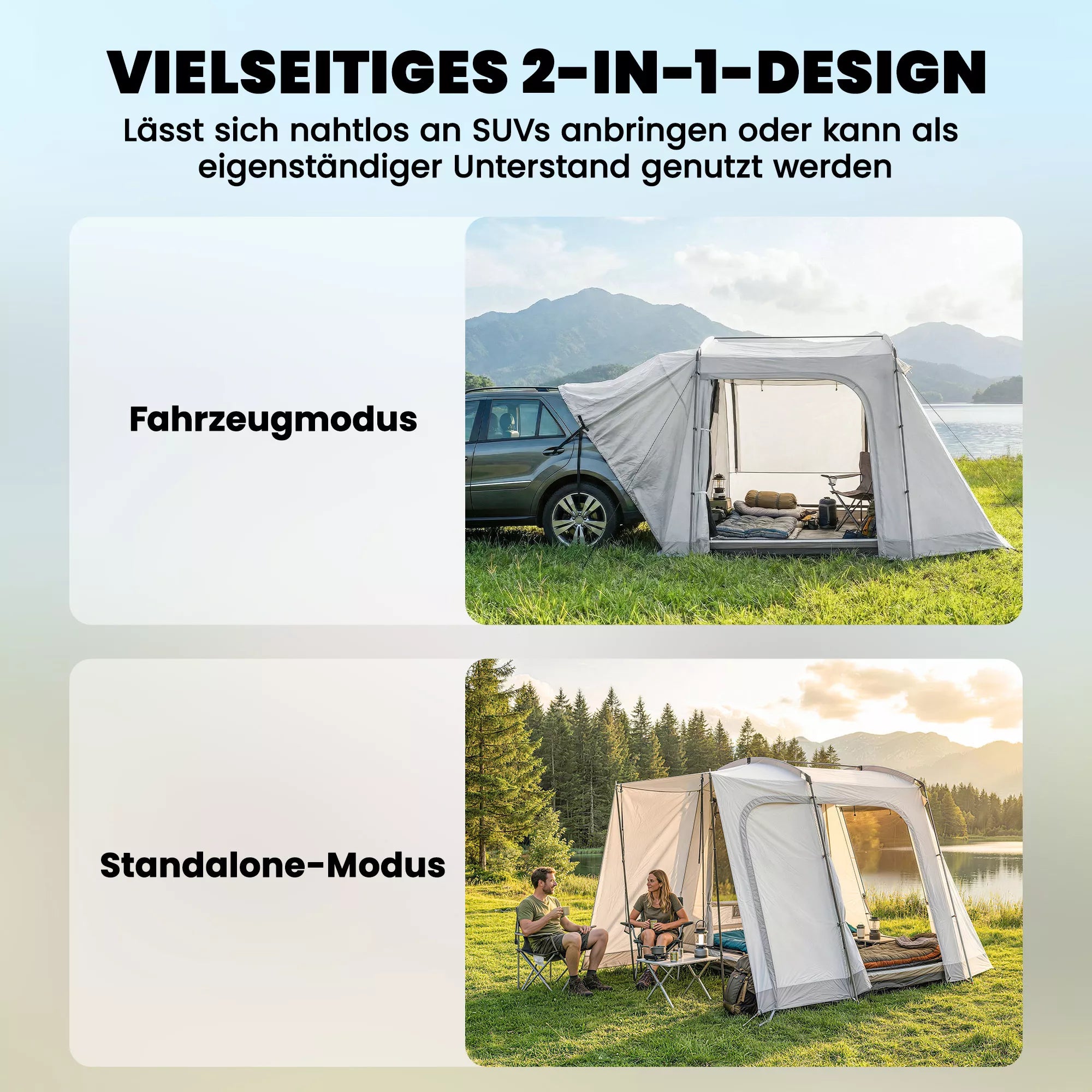 Galinė palapinė 2–4 asmenims, 320 x 280 x 205 cm, 2-in-1 automobilinė palapinė, vandeniui atspari tunelinė palapinė su 4 durimis, langais ir grindų danga