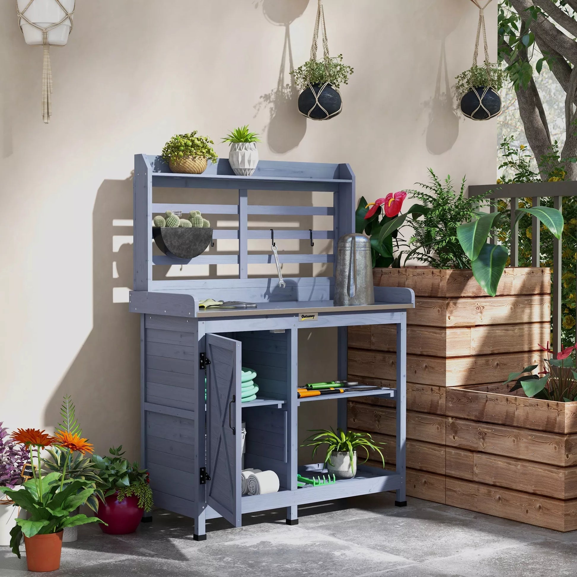 Sodo stalas su spintele, aliuminio darbo paviršiumi, saugojimo vieta, 112x47x146 cm, pilkos spalvos