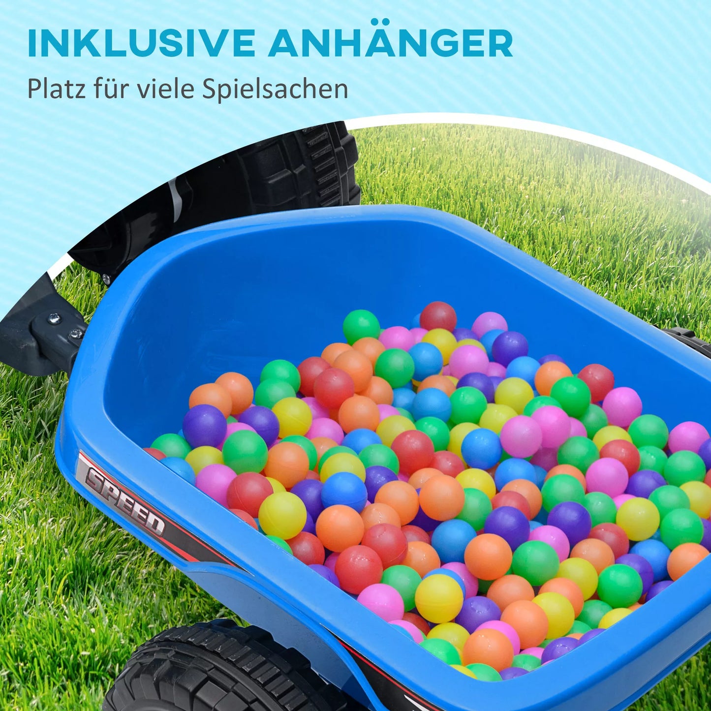 Vaikiškas keturratis, įkraunamas, 2,5 km/val., su priekaba, 50 min. važiavimo laikas, vaikams nuo 1,5 iki 3 metų, Mėlynas