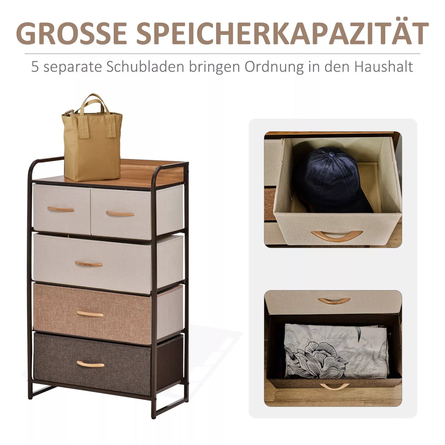 Komoda su 5 sulankstomais audinio stalčiais, lentyna, tvirtu plieniniu rėmu, 58 x 29 x 99 cm