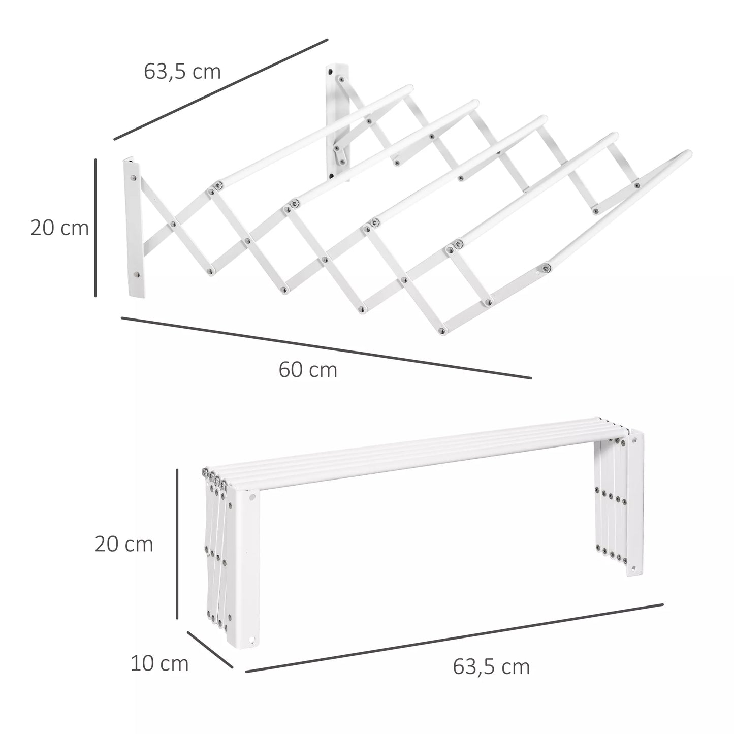Išskleidžiama ir sulankstoma sieninė drabužių džiovykla, taupanti vietą, skirta naudoti viduje ir lauke, balta, 63,5 x 60 x 20 cm