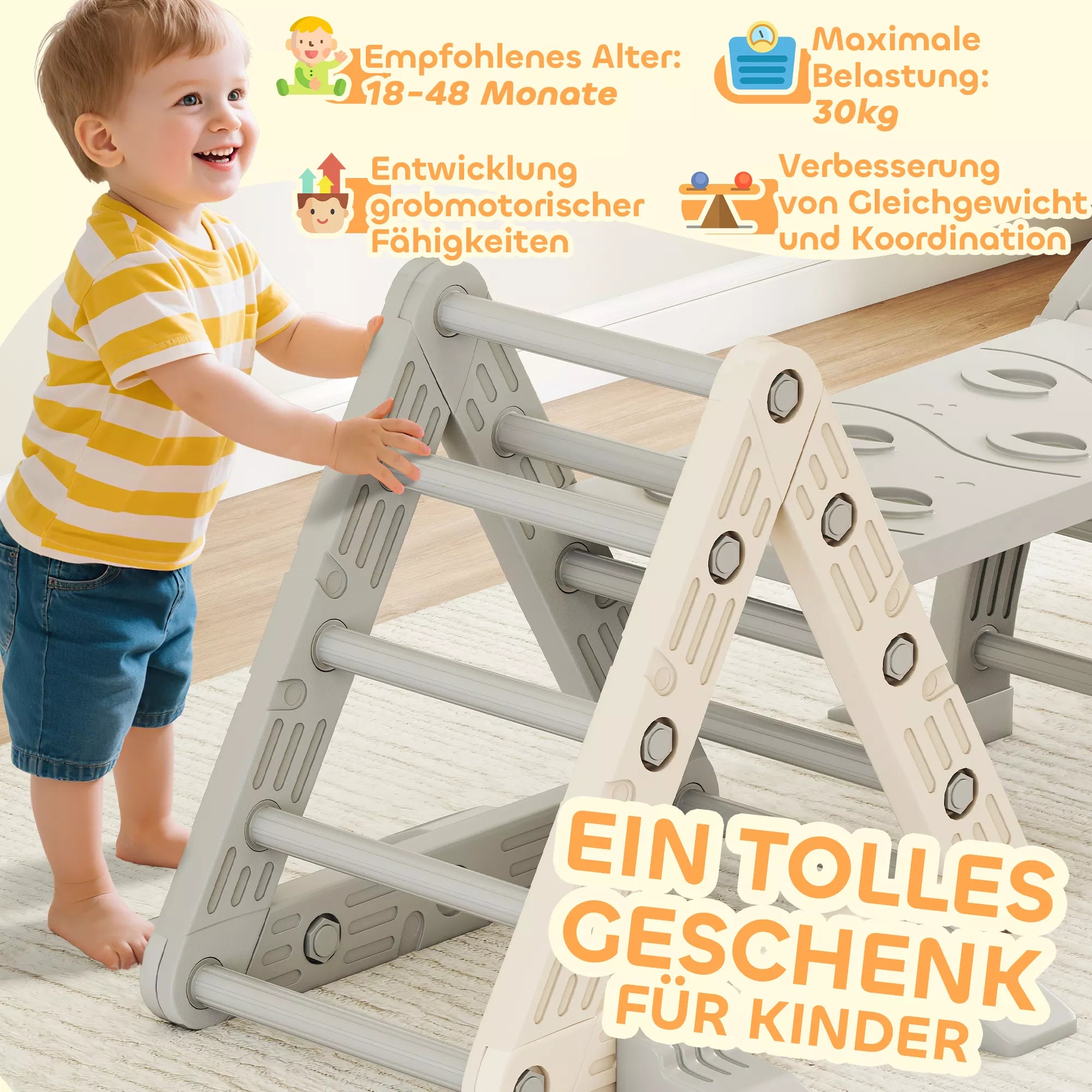5 in 1 laipiojimo konstrukcija Montessori Indoor, laipiojimo trikampis su čiuožykla, laipiojimo lankas, dvipusis rampa, žaidimų aikštelė vaikams nuo 18 iki 48 mėnesių, pilka + balta
