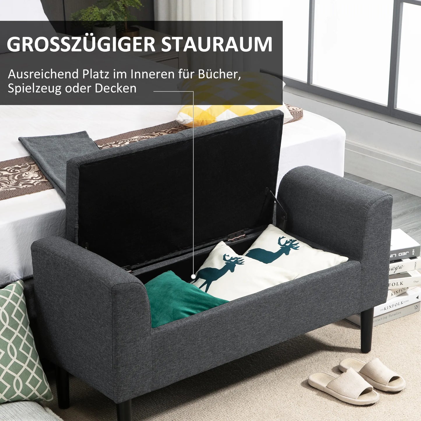 Talpus minkštas suoliukas su lino išvaizda, medinėmis kojomis, gali būti naudojamas kaip suolas iki 130 kg apkrovos, tinkamas svetainei, miegamajam, koridoriui, 116 x 44 x 58 cm Tamsiai pilkas