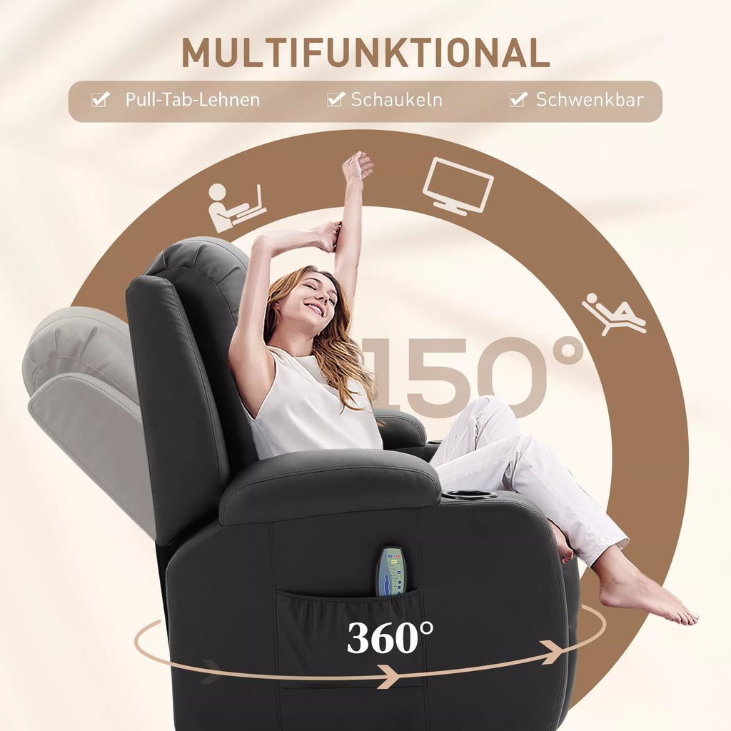 Masažinis krėslas, relaksacinis krėslas, sūpynės funkcija, 8 vibracijos taškai, su nuotolinio valdymo pulteliu, juodas
