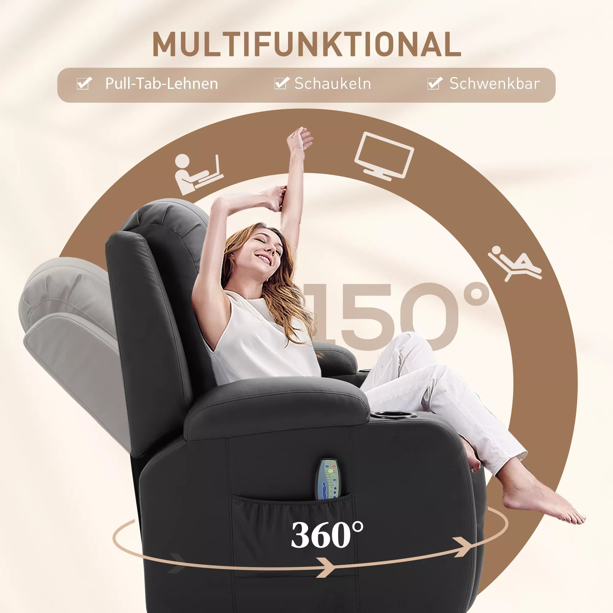 Masažinis krėslas, relaksacinis krėslas, sūpynės funkcija, 8 vibracijos taškai, su nuotolinio valdymo pulteliu, juodas
