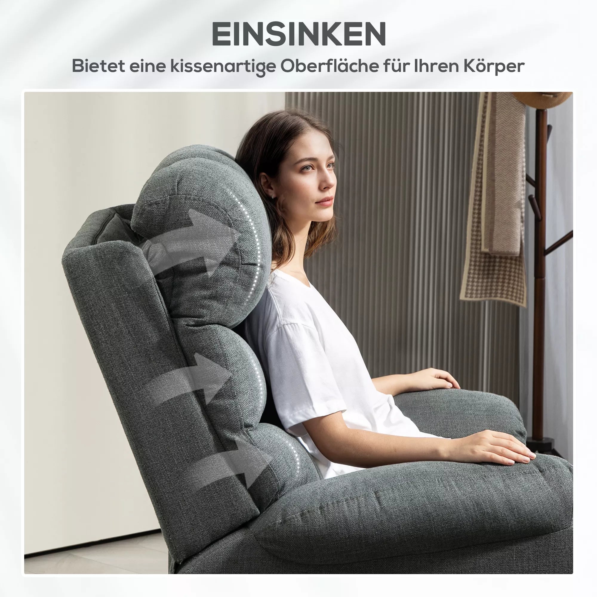 Kėdė su pakėlimo funkcija, elektrinė atlošiamoji kėdė su masažo funkcija, minkšta kėdė su pakėlimo funkcija, metalas, audinys, pilka spalva