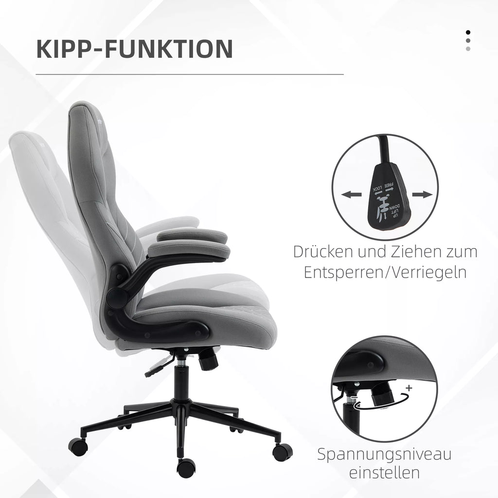 Biuro kėdė su atlošu, reguliuojamo aukščio, sulankstomi porankiai, supamoji funkcija, šviesiai pilka
