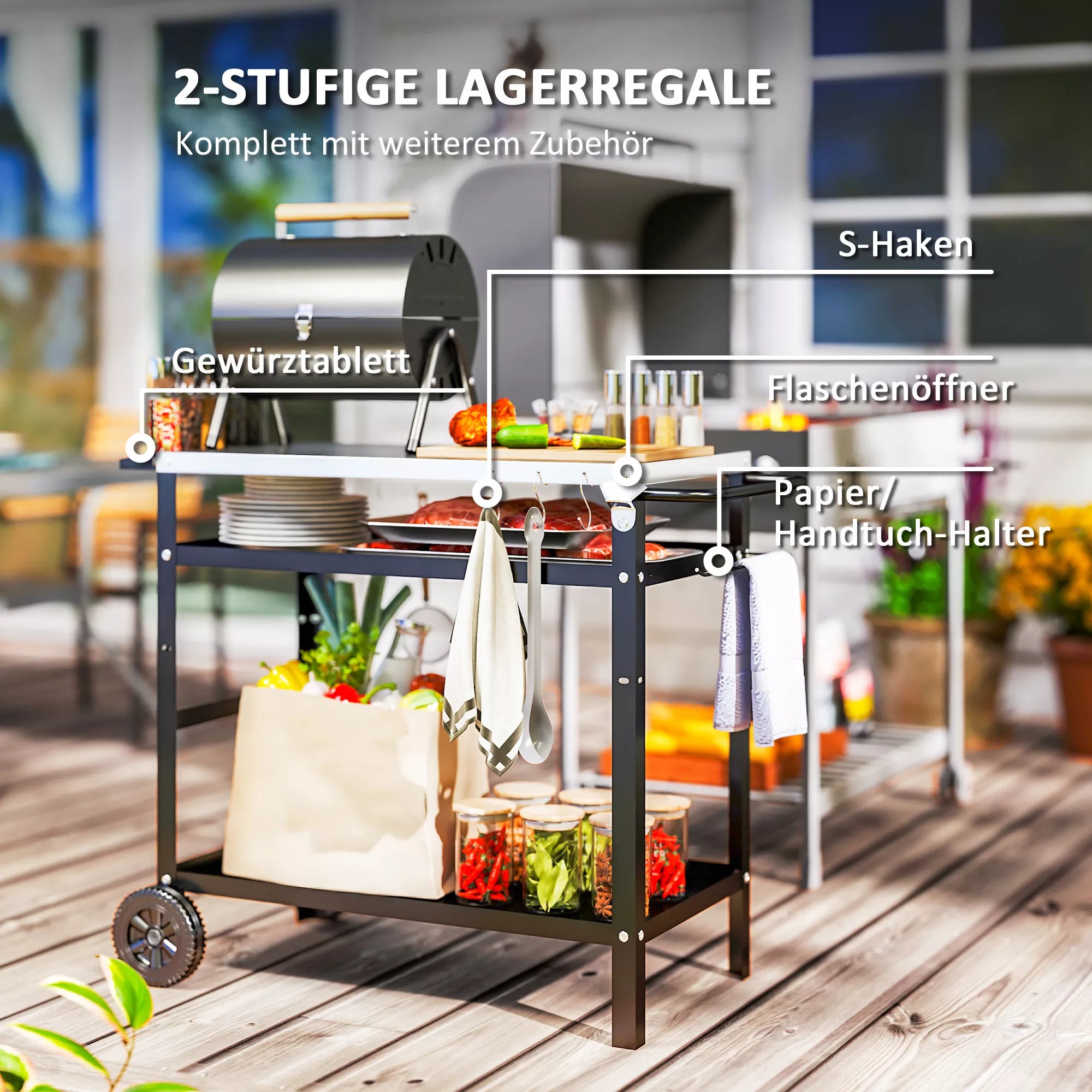 Grilis kepsninė su nerūdijančio plieno darbastaliu, 100x52x80 cm, su ratukais ir uždangalu, juodas
