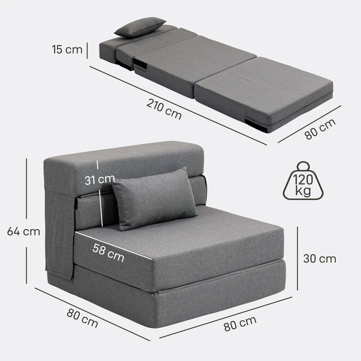 Grindų sofa, paverčiama čiužiniu, su pagalve, pilka