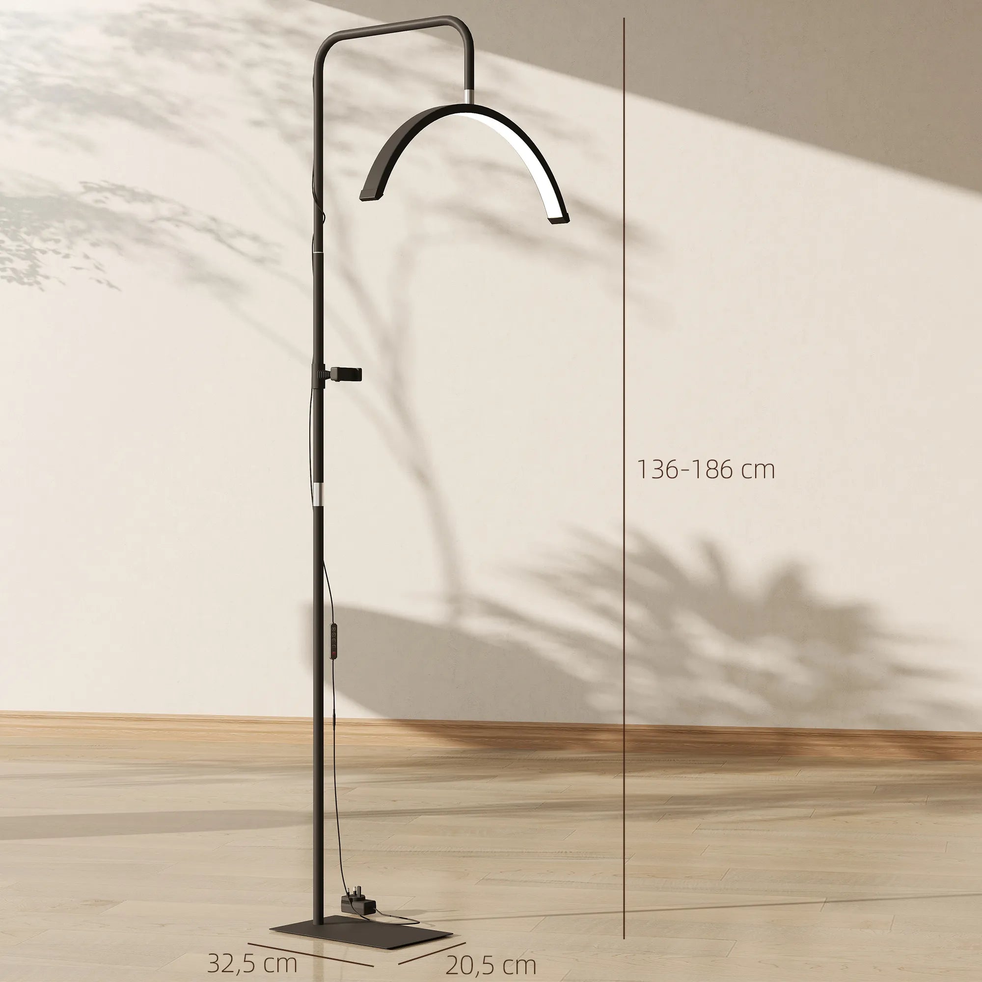 Grožio lempa pusmėnulio formos, su telefono laikikliu 136–186 cm, juoda