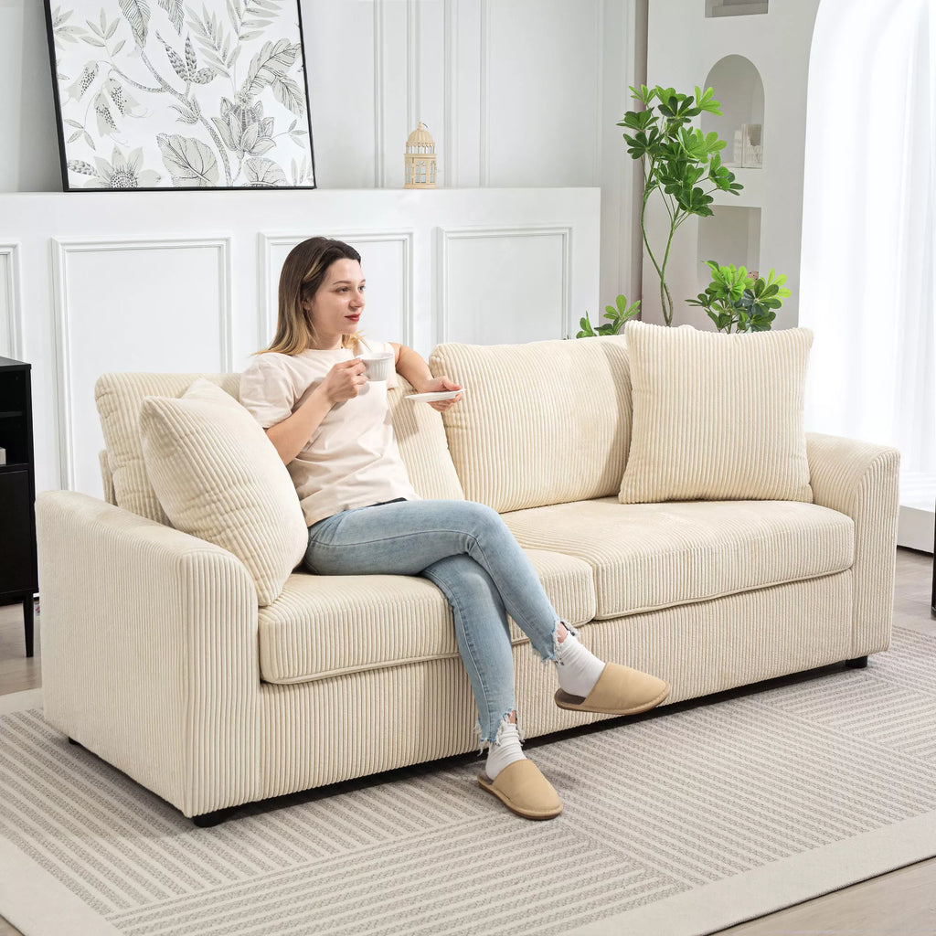 Trivietė sofa su pagalvėlėmis, 212 cm, kreminės spalvos