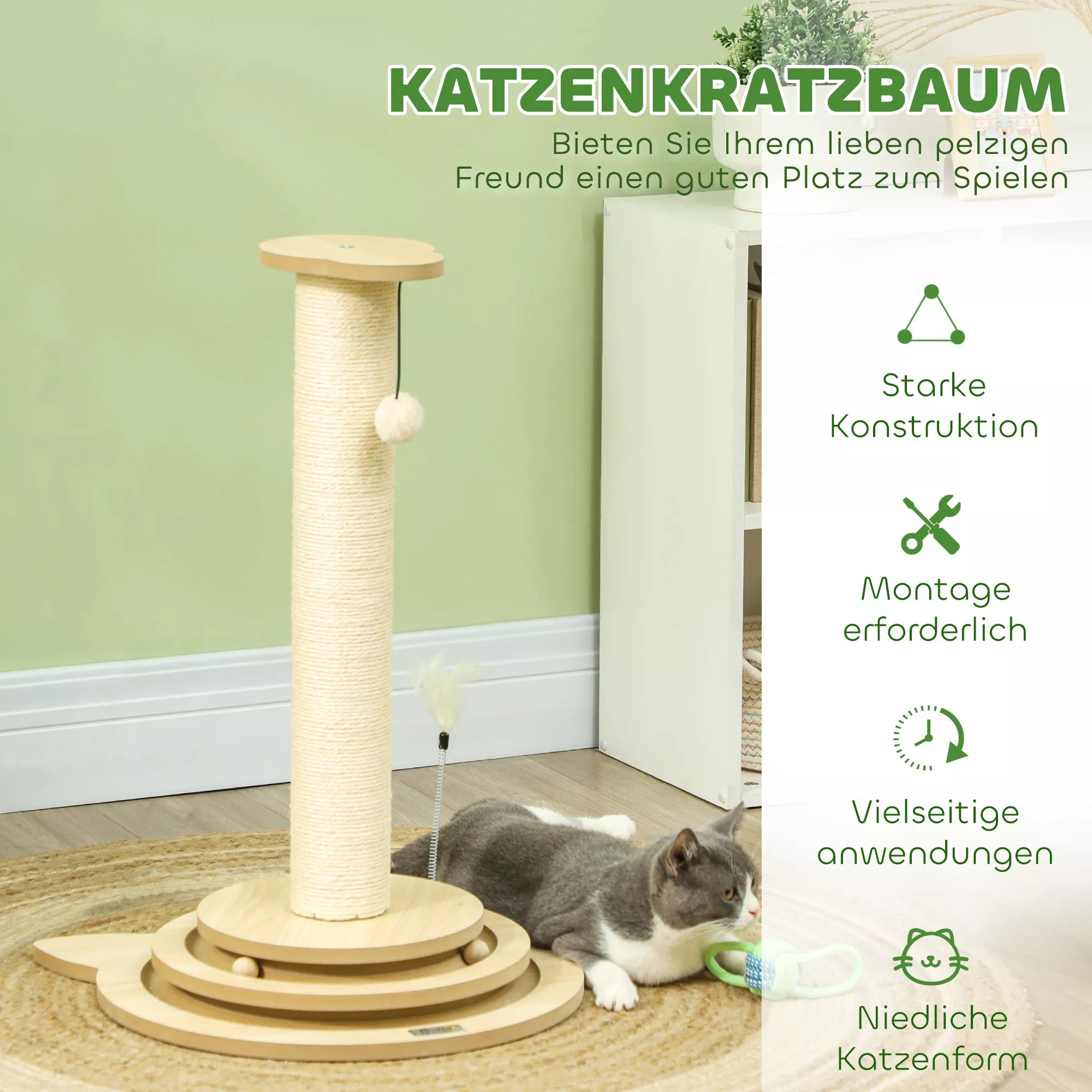 Katės nagų galandimo stovas, 69 cm, sizalio nagų galandimo stovas, rutulinė trasa, žaislinis kamuolys, žaislinė spyruoklė, 4-in-1 dizainas, kreminė balta spalva