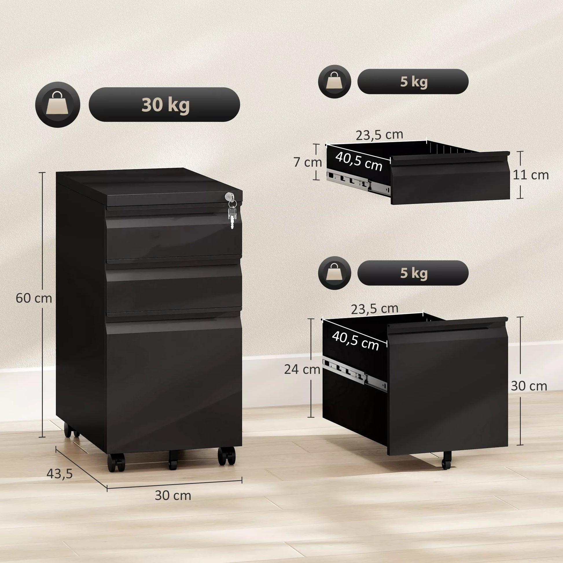 Metalinis dokumentų spintelė, biuro spintelė, 3 stalčiai, su ratukais, juoda